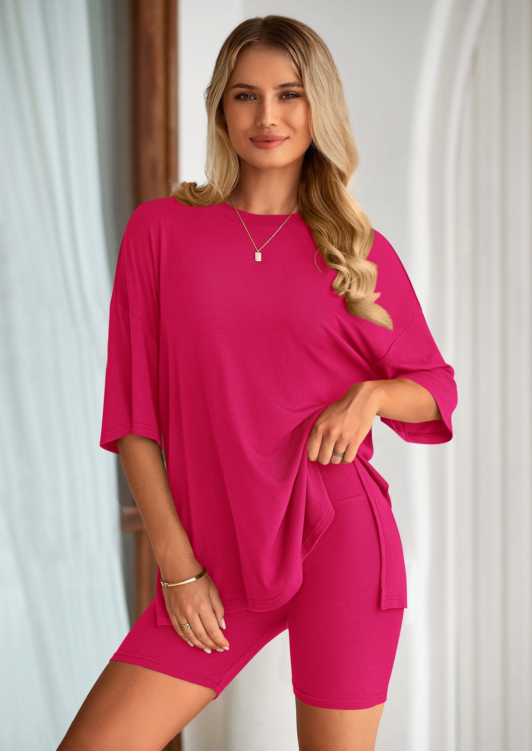 Chichi Women's Two Piece Lounge Set Summer Casual Oversized Shirts Biker Shorts Matching Airport Travel Outfit Pink