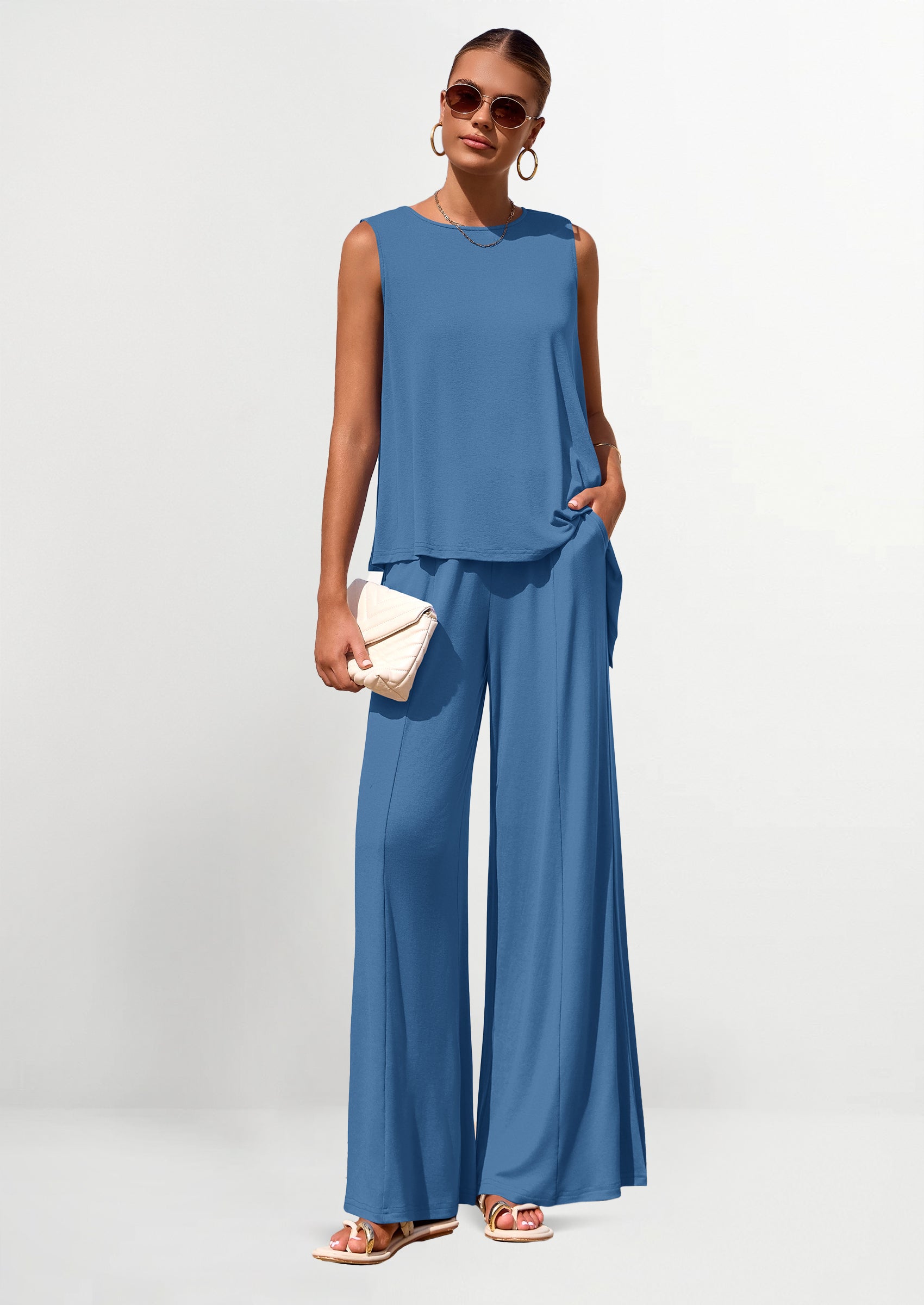 Chichi Women's Two Piece Matching Lounge Sets Asymmetrical Split Tank Tops Wide Leg Pants Summer Outfits Tracksuit Blue