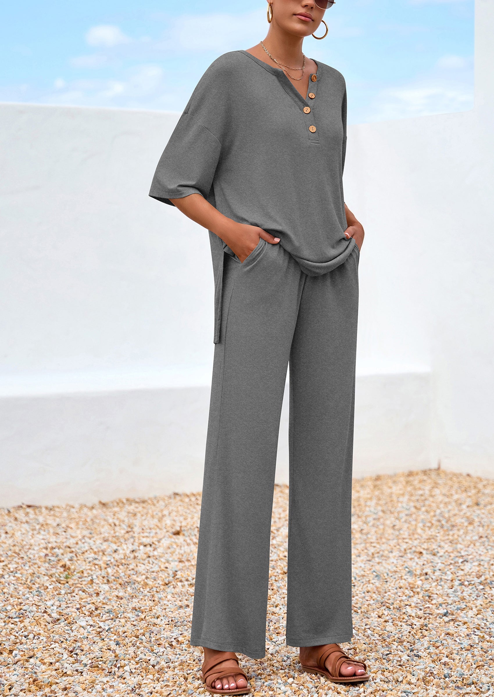 Chichi Women's 2 Piece Outfits Summer Casual V Neck Short Sleeve Tops Wide Leg Pants Matching Lounge Sets Grey