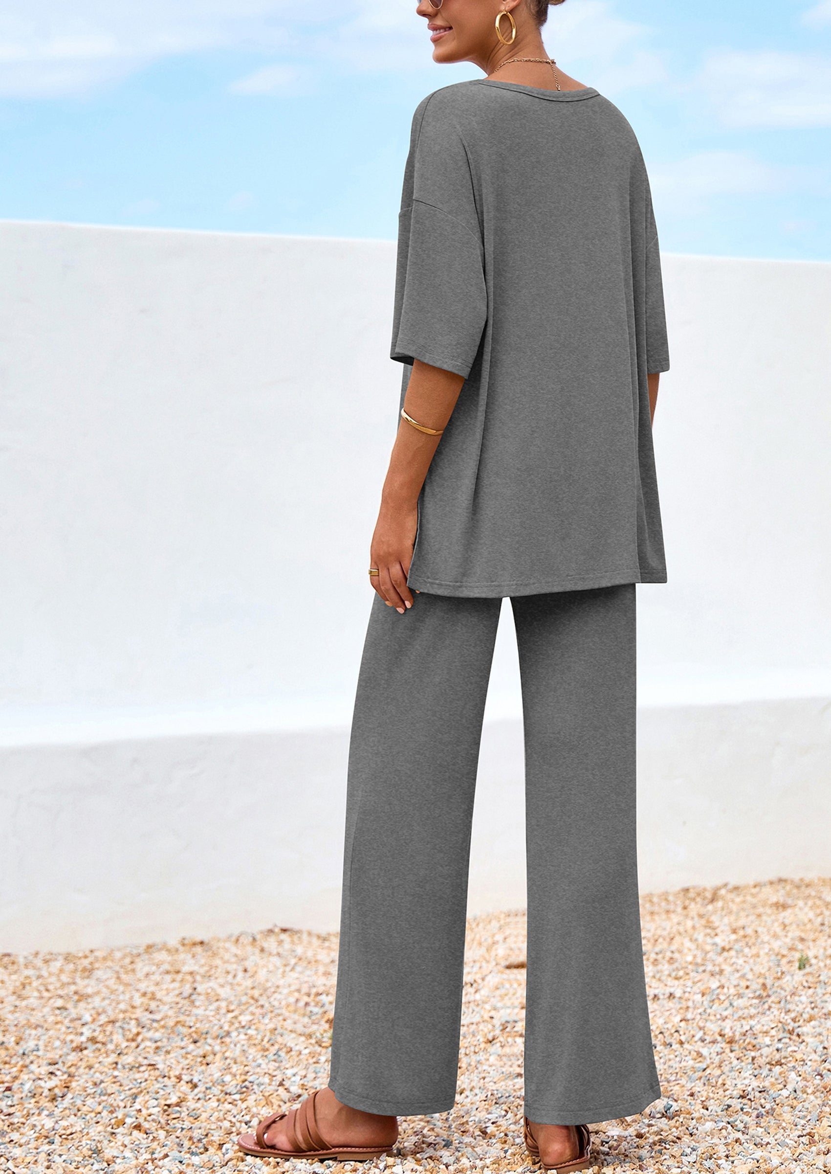 Chichi Women's 2 Piece Outfits Summer Casual V Neck Short Sleeve Tops Wide Leg Pants Matching Lounge Sets Grey