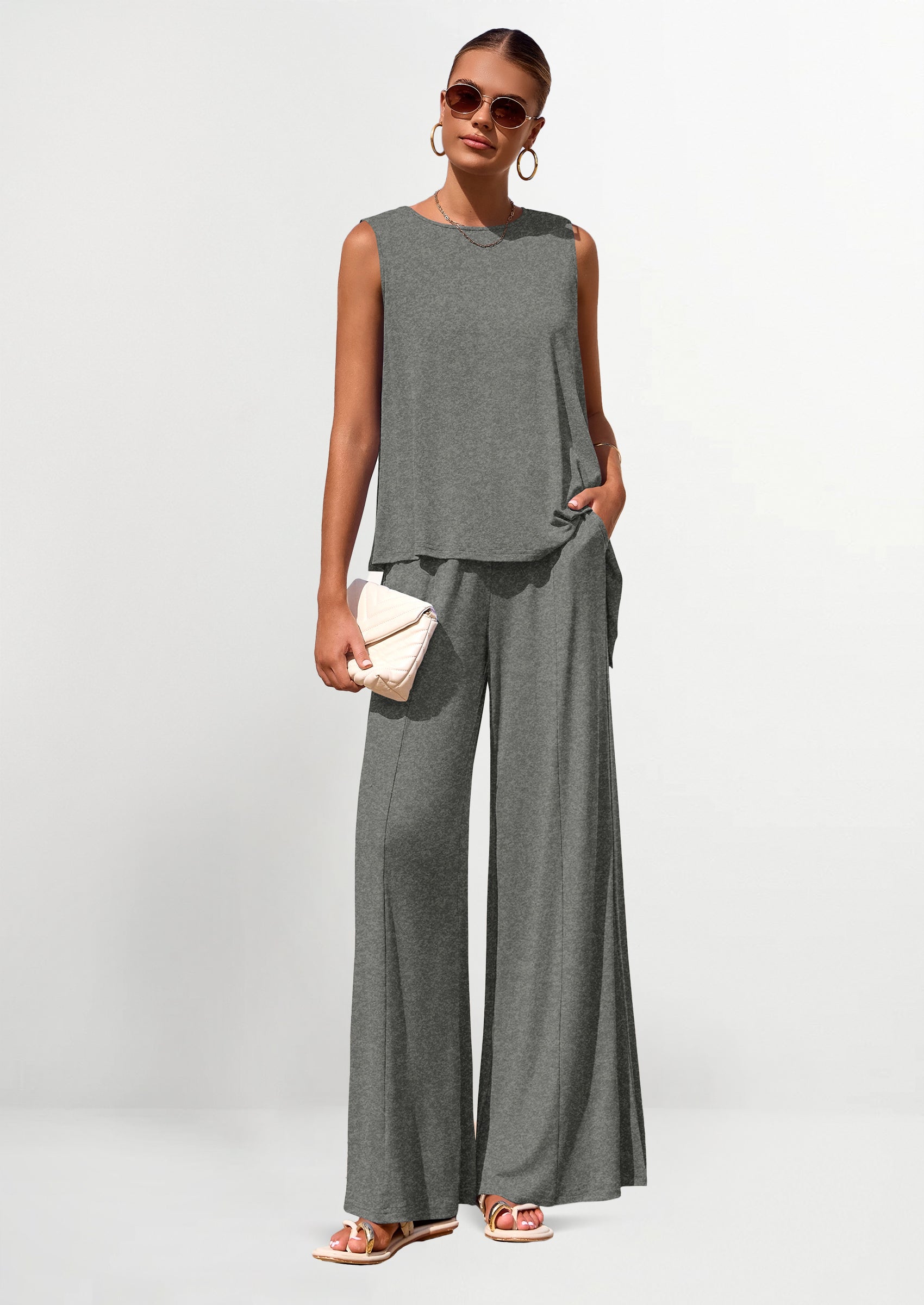 Chichi Women's Two Piece Matching Lounge Sets Asymmetrical Split Tank Tops Wide Leg Pants Summer Outfits Tracksuit Grey
