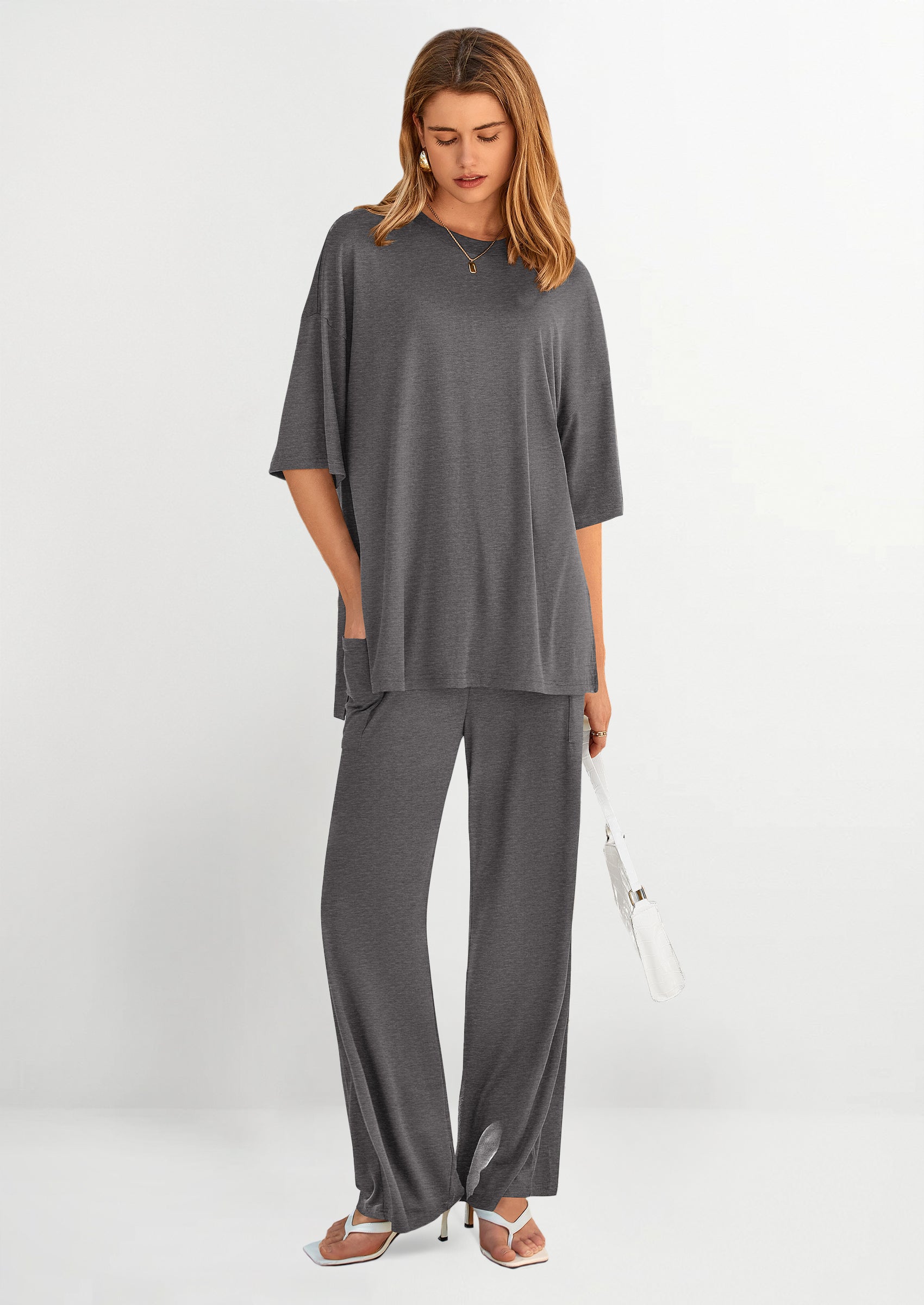Chichi Women's 2 Piece Outfits Casual Short Sleeve Pullover Tops and Wide Leg Pants Lounge Sets Tracksuits Dark Grey