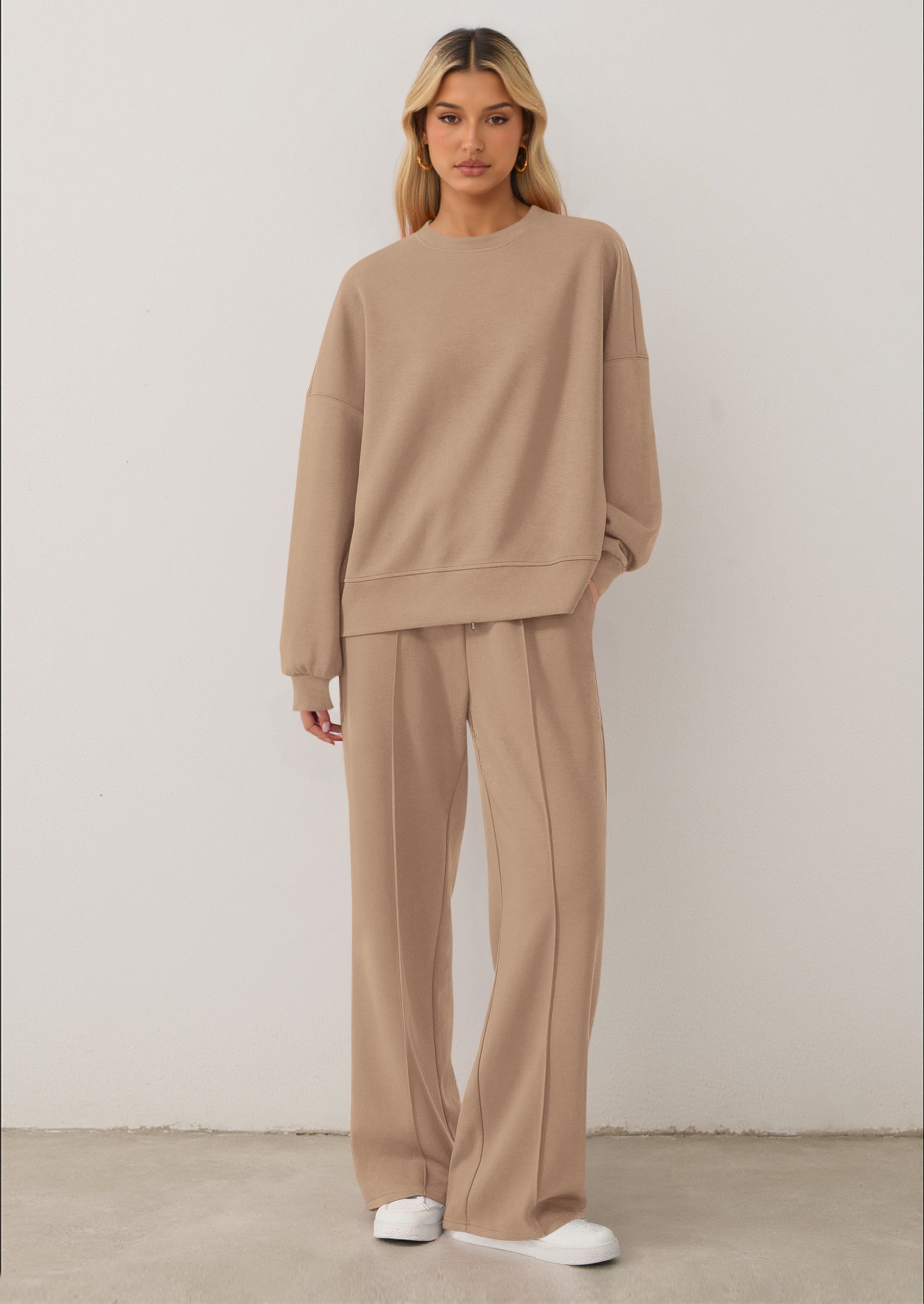 Chichi 2 Piece Sets For Women Fall Trendy Long Sleeve Sweatshirt Wide Leg Pants Loungewear Set Matching Sweatsuit Khaki