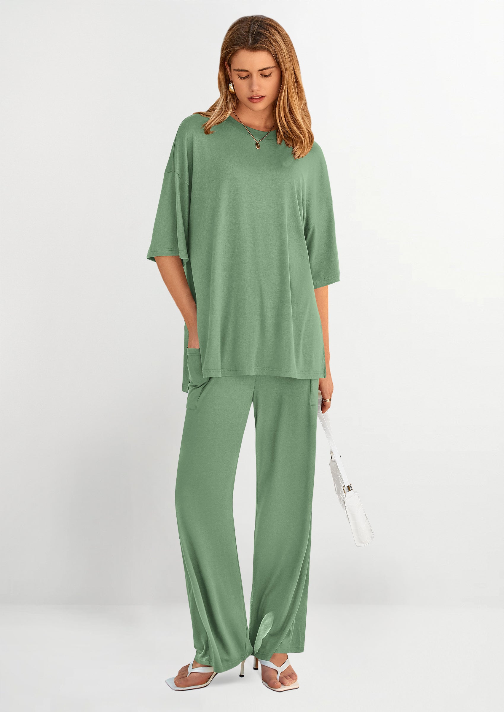 Chichi Women's 2 Piece Outfits Casual Short Sleeve Pullover Tops and Wide Leg Pants Lounge Sets Tracksuits Bean Green