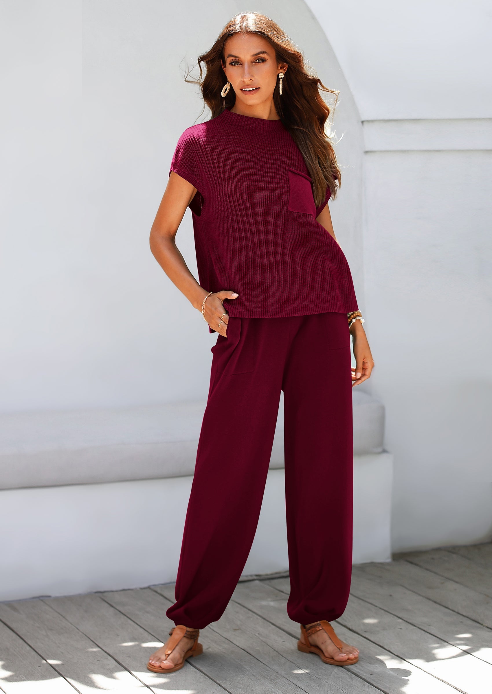 Chichi Womens Two Piece Outfits Sweater Sets Knit Pullover Tops And High Waisted Pants Matching Tracksuit Sweatsuit Set Wine Red