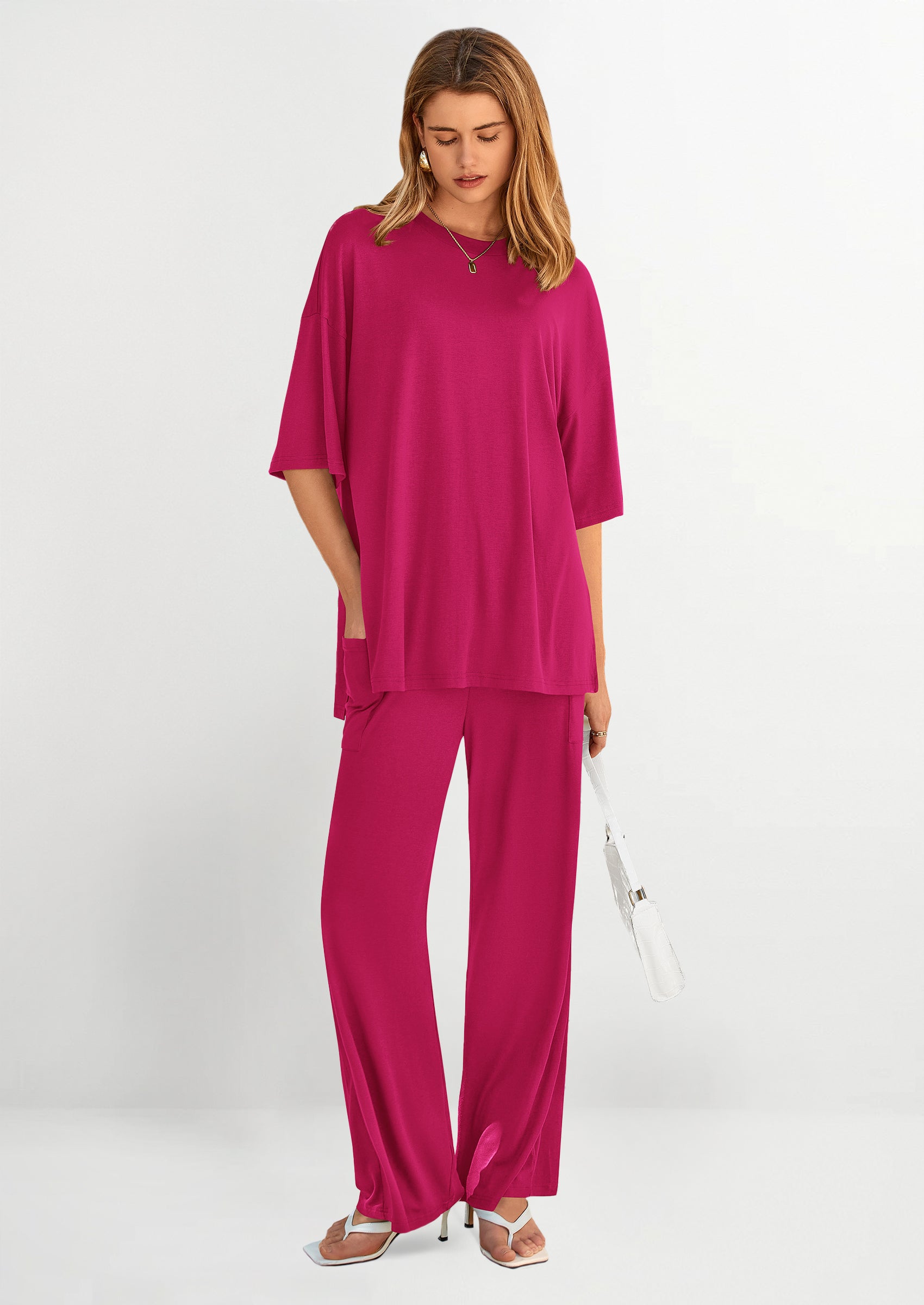 Chichi Women's 2 Piece Outfits Casual Short Sleeve Pullover Tops and Wide Leg Pants Lounge Sets Tracksuits Rose Red