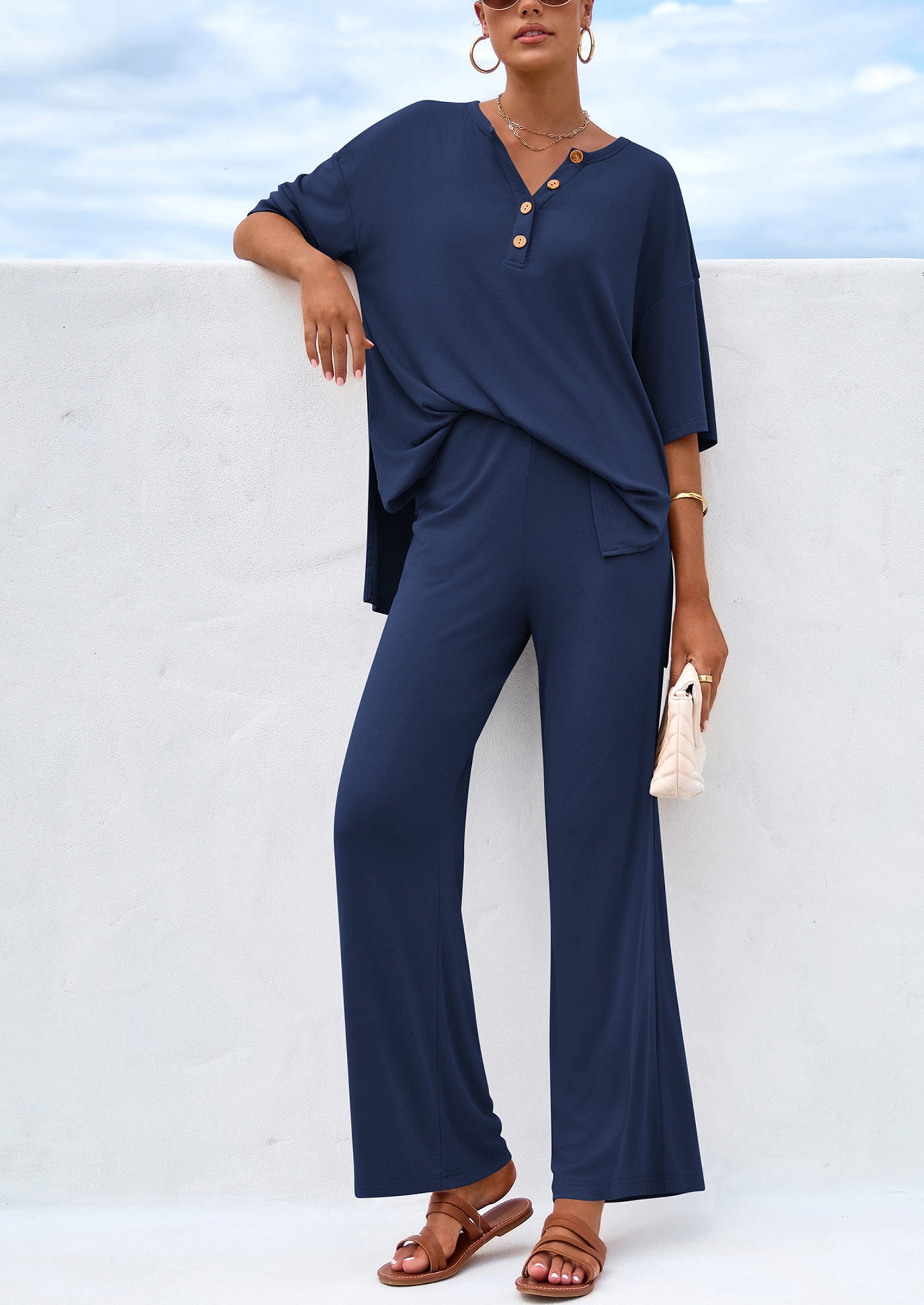 Chichi Women's 2 Piece Outfits Summer Casual V Neck Short Sleeve Tops Wide Leg Pants Matching Lounge Sets Navy