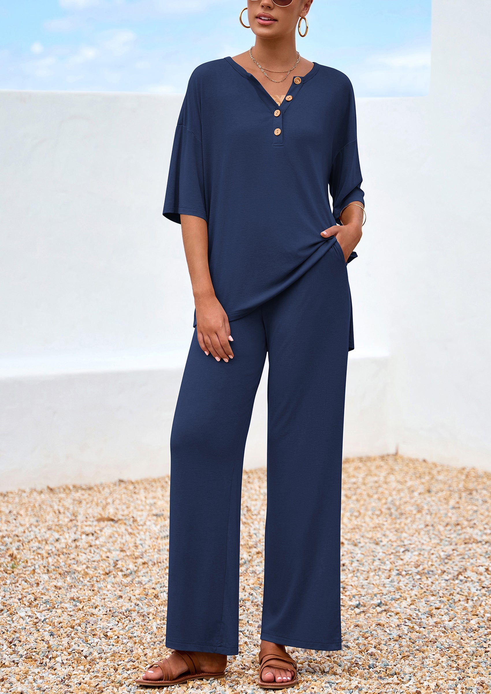 Chichi Women's 2 Piece Outfits Summer Casual V Neck Short Sleeve Tops Wide Leg Pants Matching Lounge Sets Navy
