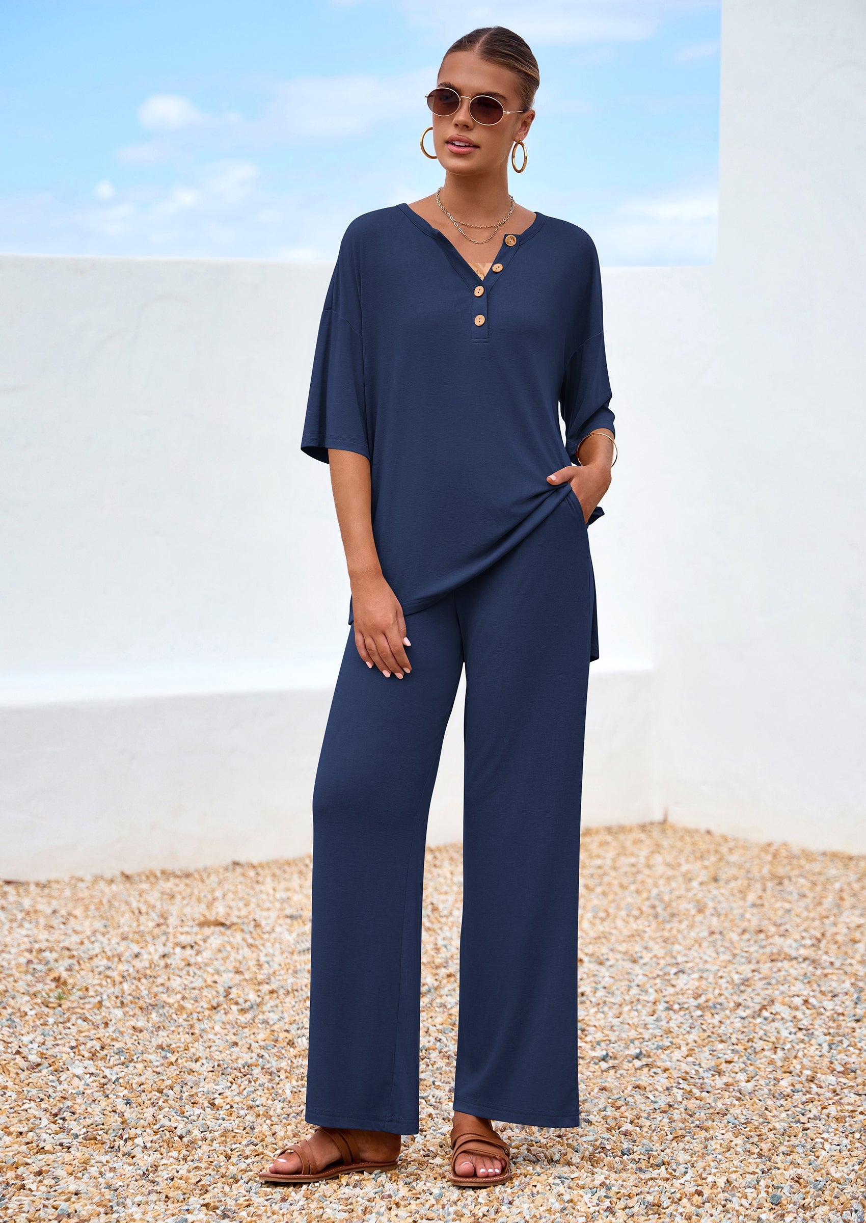 Chichi Women's 2 Piece Outfits Summer Casual V Neck Short Sleeve Tops Wide Leg Pants Matching Lounge Sets Navy