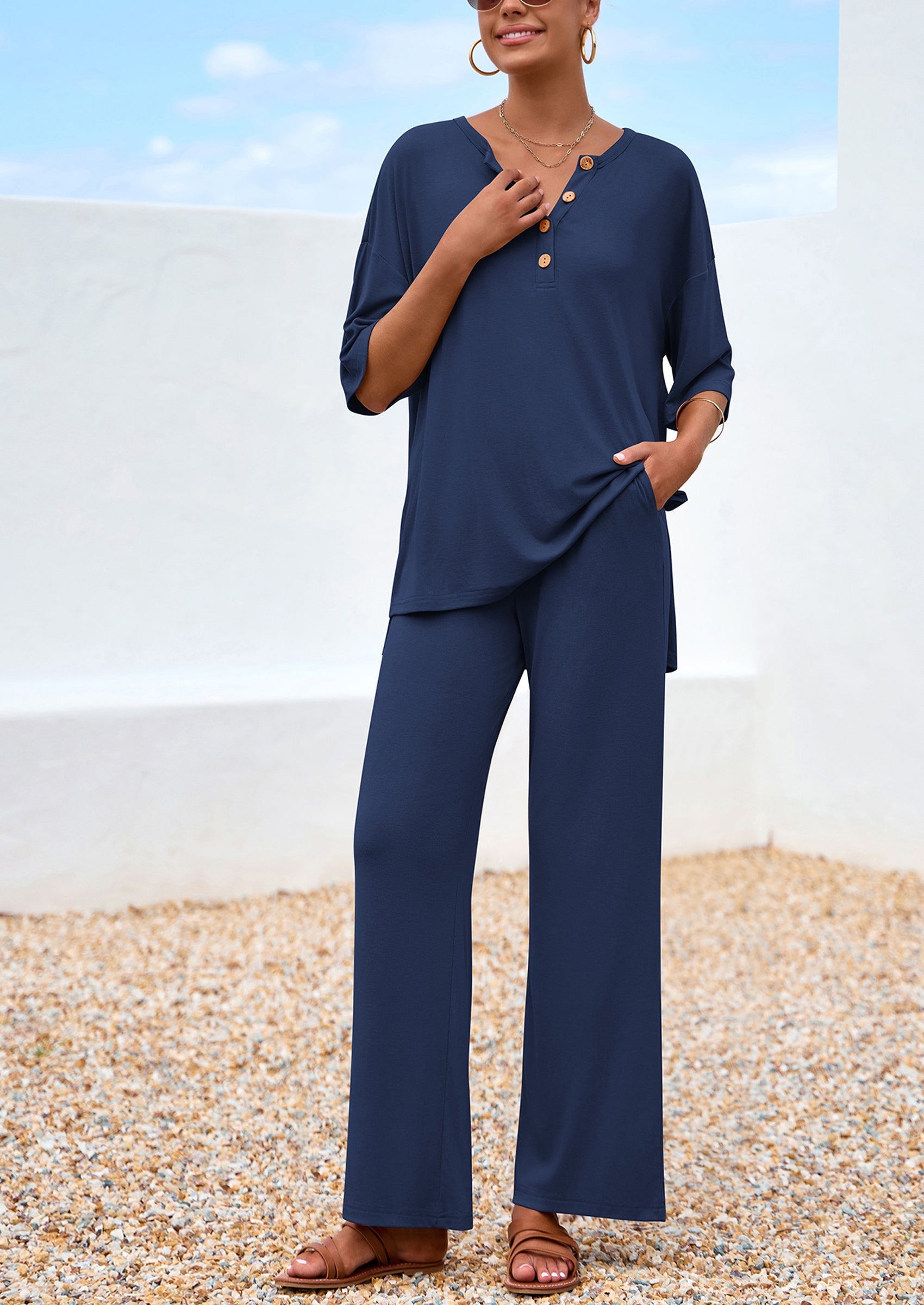 Chichi Women's 2 Piece Outfits Summer Casual V Neck Short Sleeve Tops Wide Leg Pants Matching Lounge Sets Navy