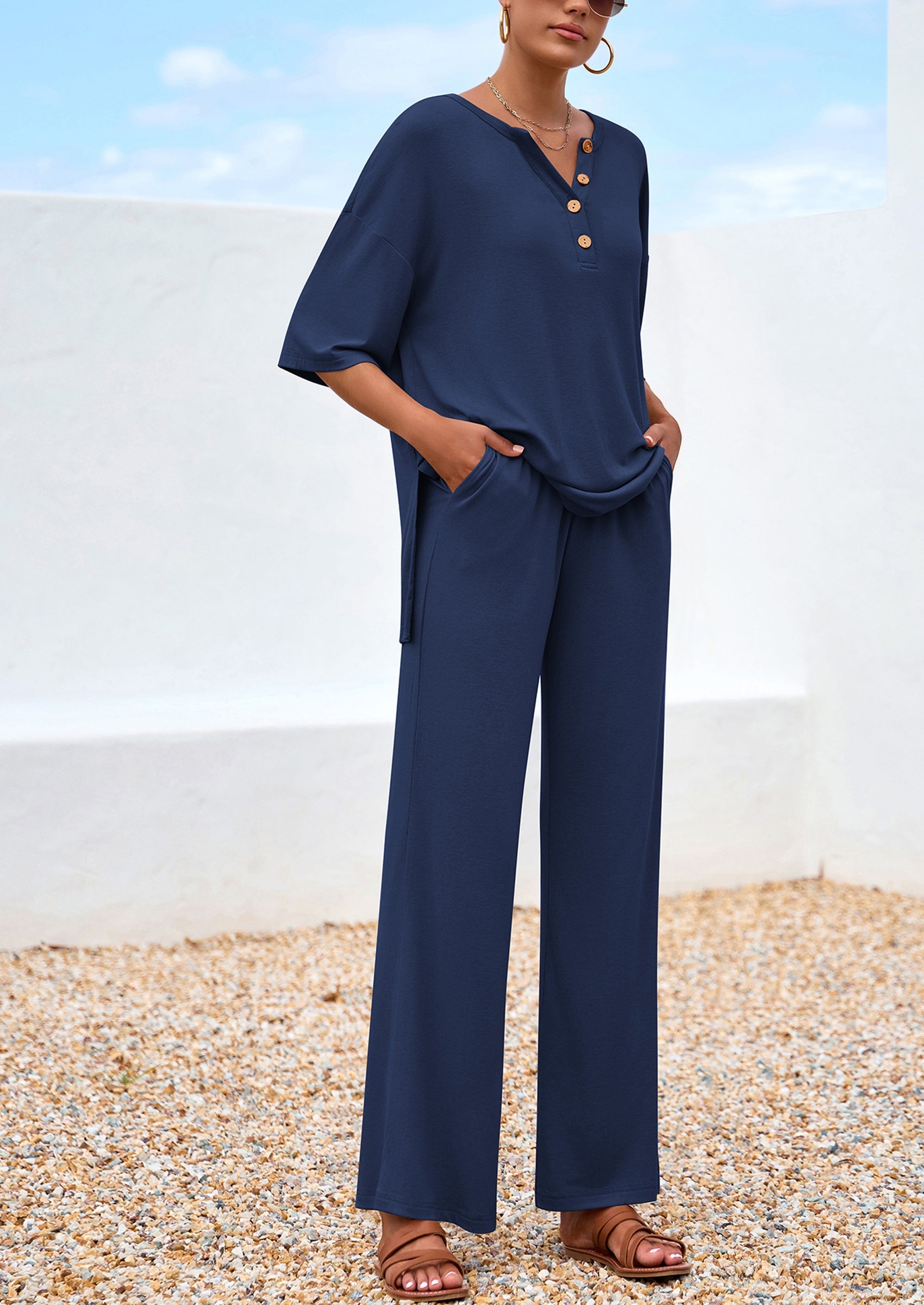 Chichi Women's 2 Piece Outfits Summer Casual V Neck Short Sleeve Tops Wide Leg Pants Matching Lounge Sets Navy