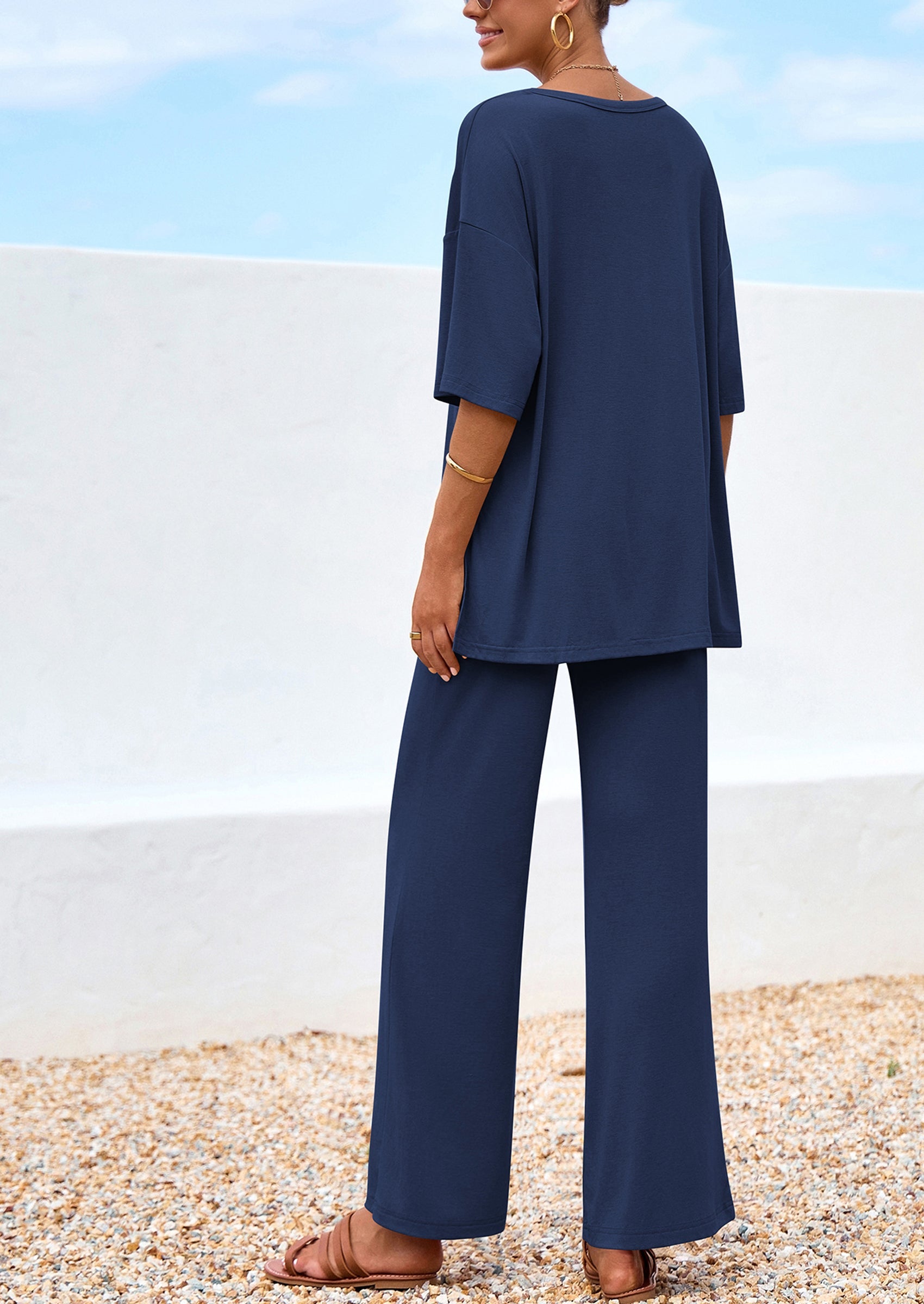 Chichi Women's 2 Piece Outfits Summer Casual V Neck Short Sleeve Tops Wide Leg Pants Matching Lounge Sets Navy