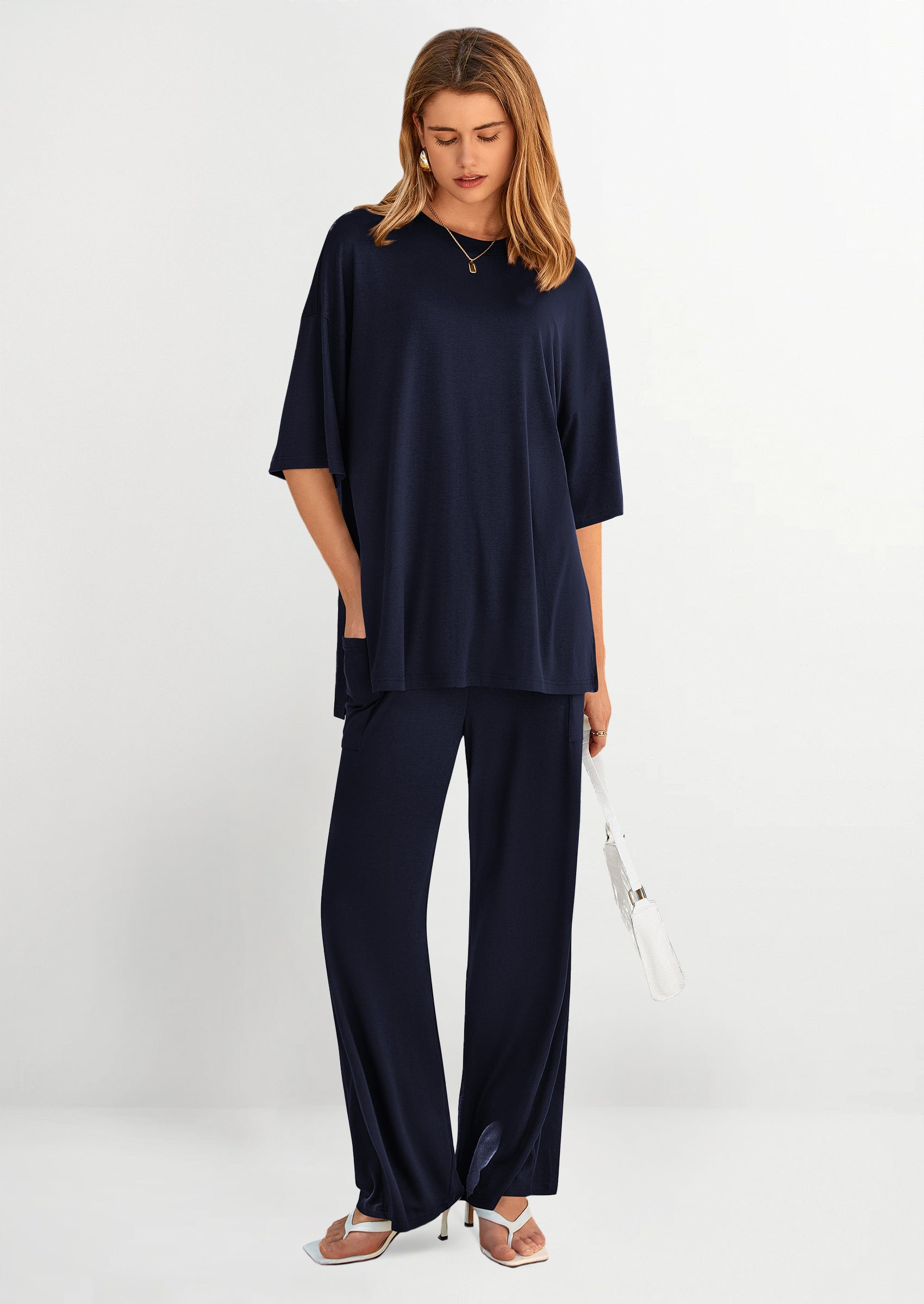 Chichi Women's 2 Piece Outfits Casual Short Sleeve Pullover Tops and Wide Leg Pants Lounge Sets Tracksuits Navy