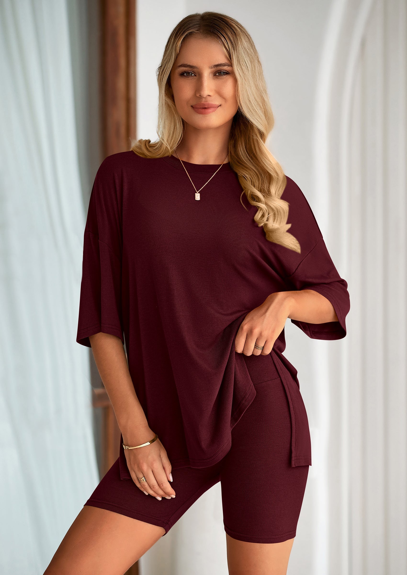 Chichi Women's Two Piece Lounge Set Summer Casual Oversized Shirts Biker Shorts Matching Airport Travel Outfit Wine Red