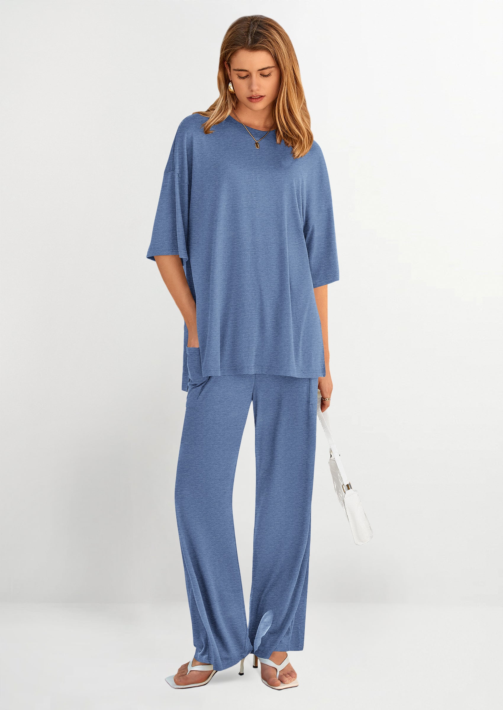 Chichi Women's 2 Piece Outfits Casual Short Sleeve Pullover Tops and Wide Leg Pants Lounge Sets Tracksuits Grey Blue