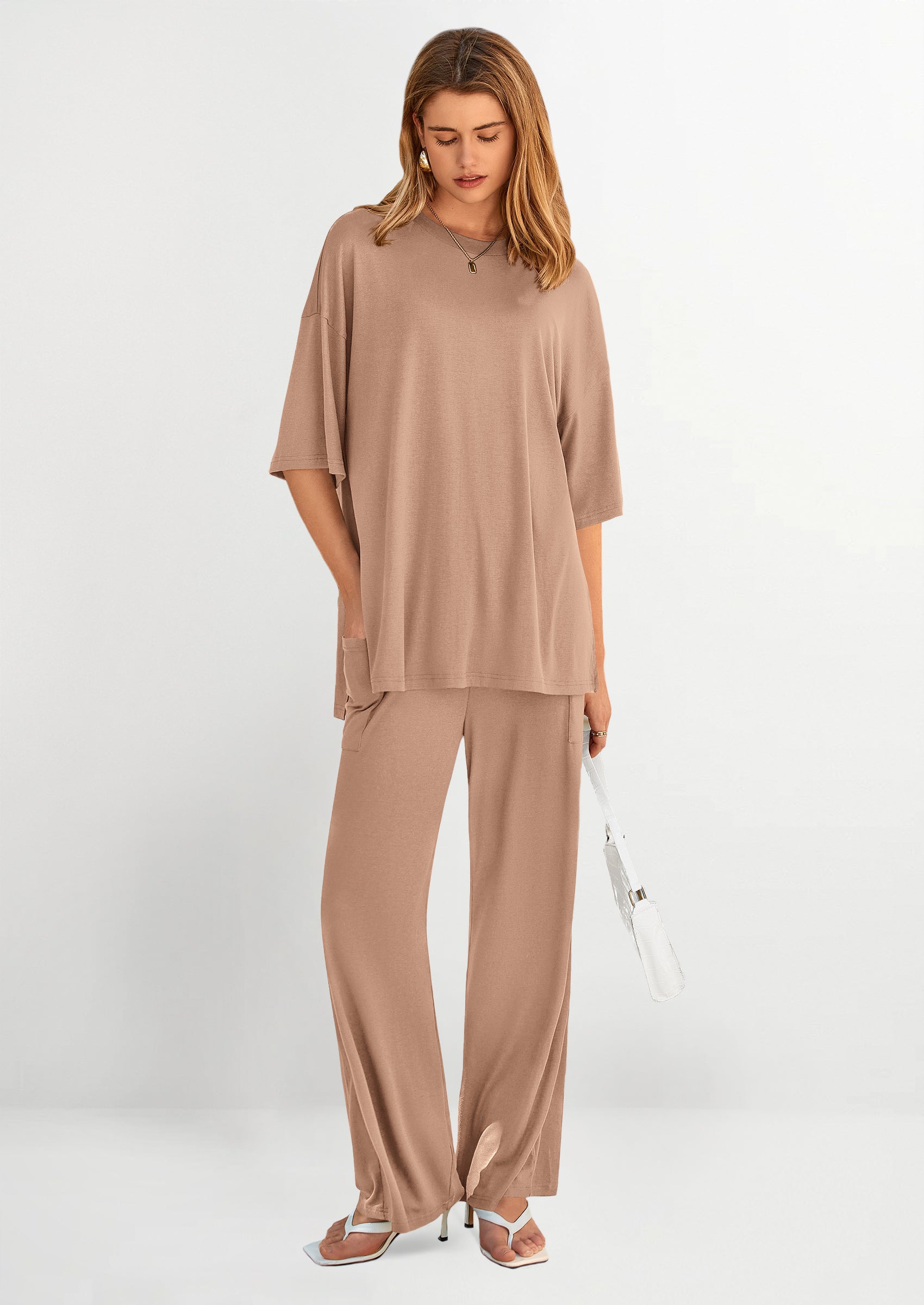 Chichi Women's 2 Piece Outfits Casual Short Sleeve Pullover Tops and Wide Leg Pants Lounge Sets Tracksuits Beige