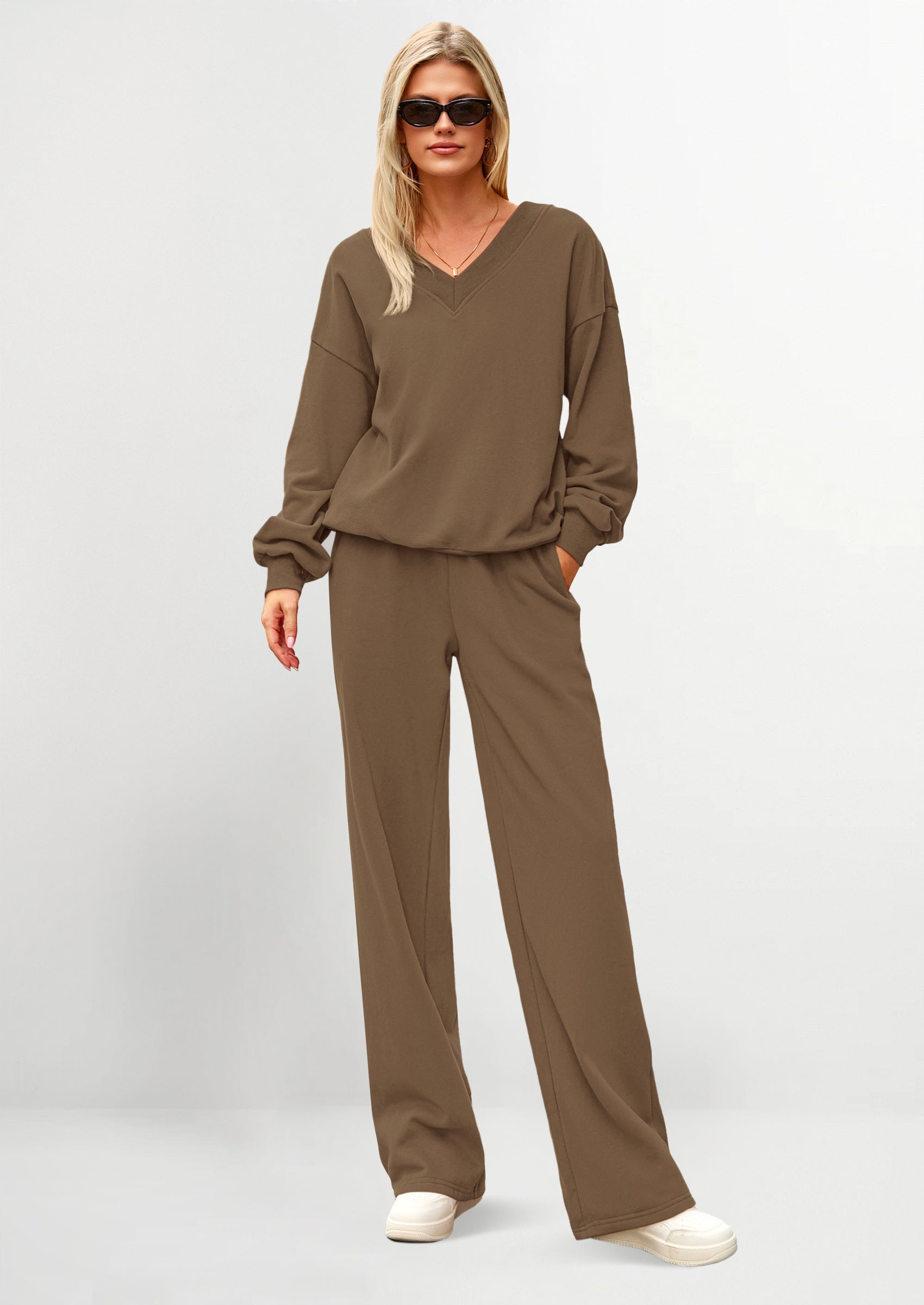 Chichi Casual Winter Two Piece Sets for Women V Neck Sweatshirt Loose Wide Leg Pants Tracksuit Knit Fall Outfits Khaki