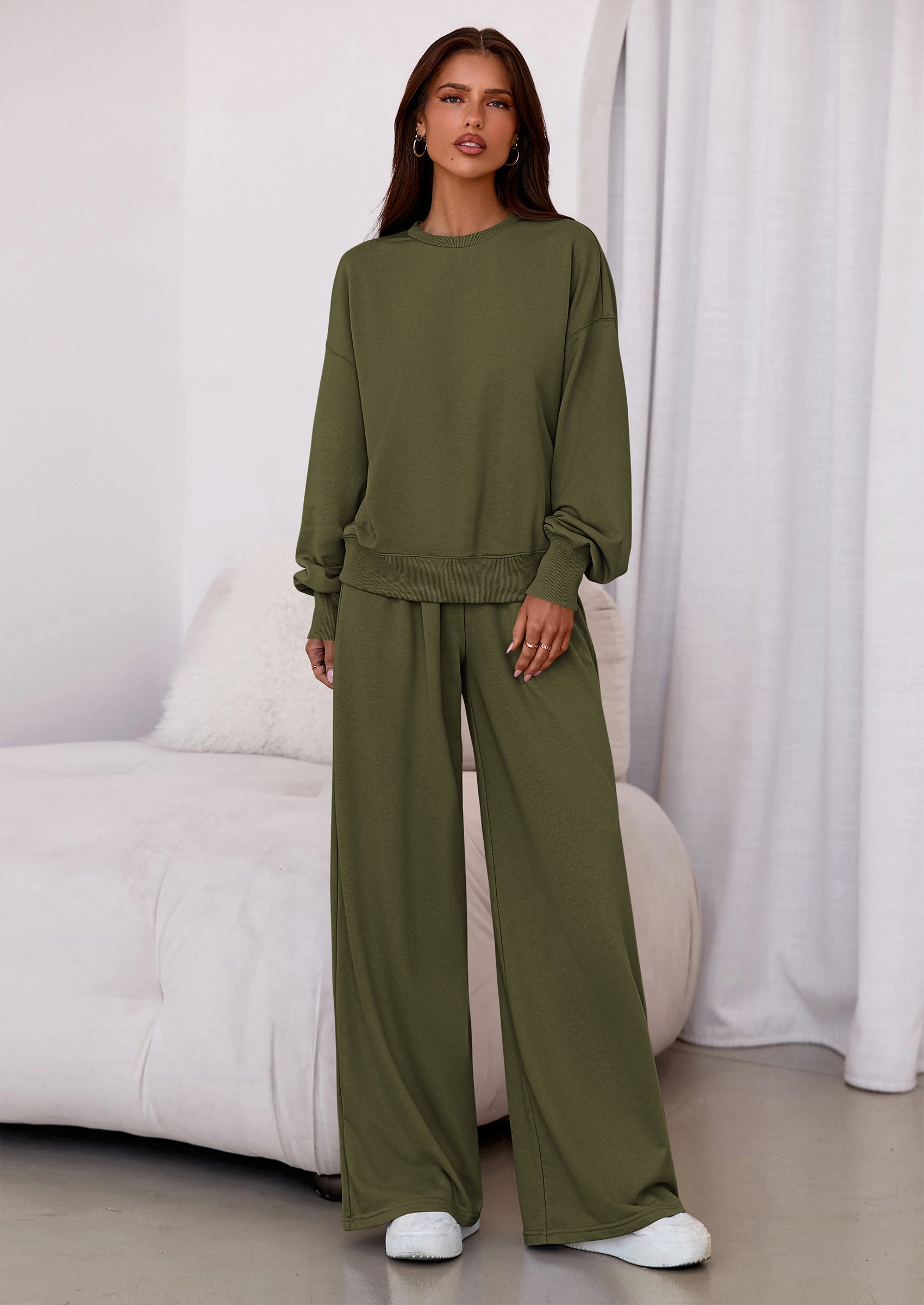 Chichi Womens 2 Piece Sets Long Sleeve Sweatshirt Wide Leg Pants Loose Matching Lounge Set Trendy Fall Outfits Army green