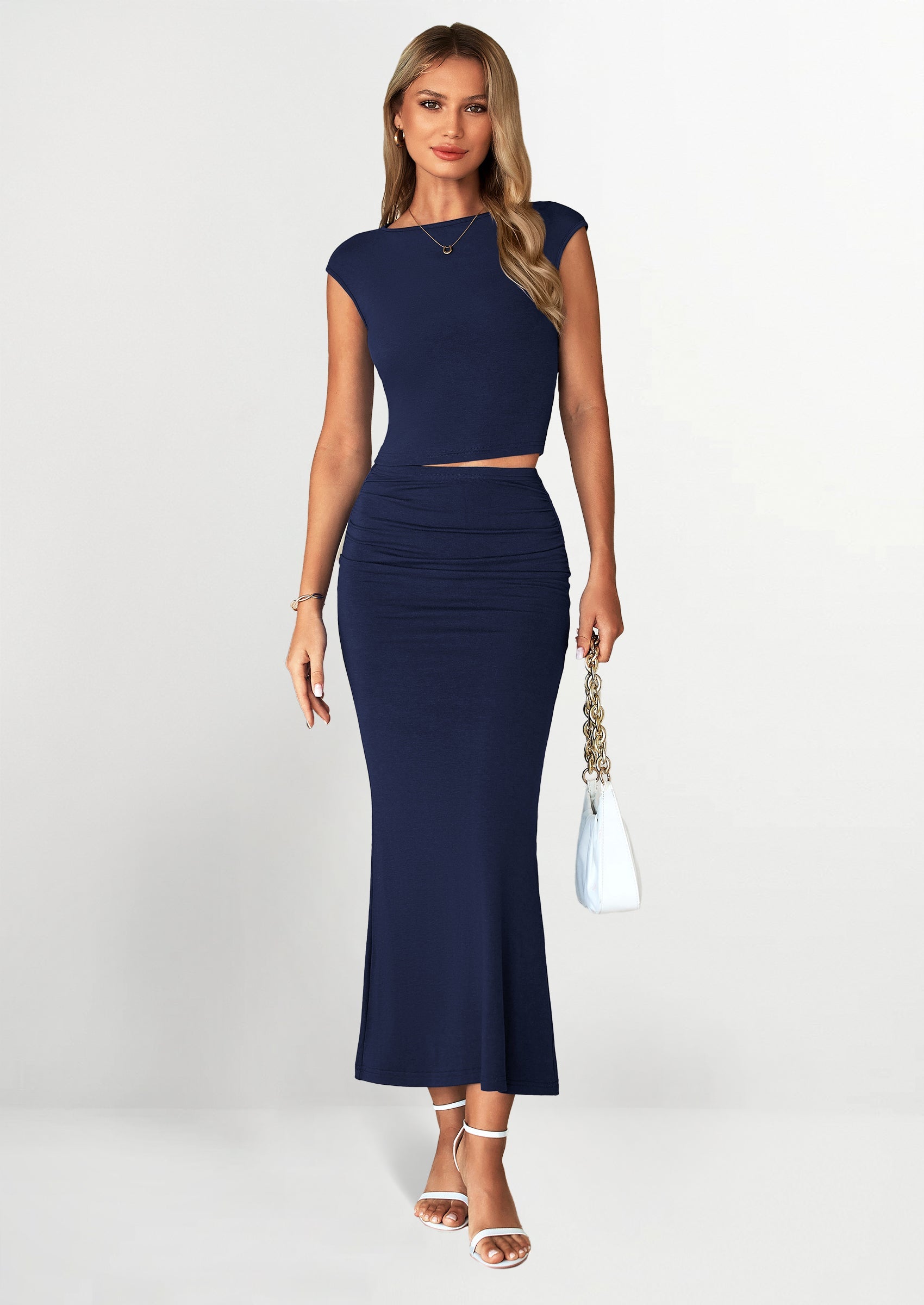 Chichi Summer 2 Piece Sets for Women Going Out Casual Cap Sleeve Crop Tops Ruched Maxi Long Skirts Spring Outfits Navy