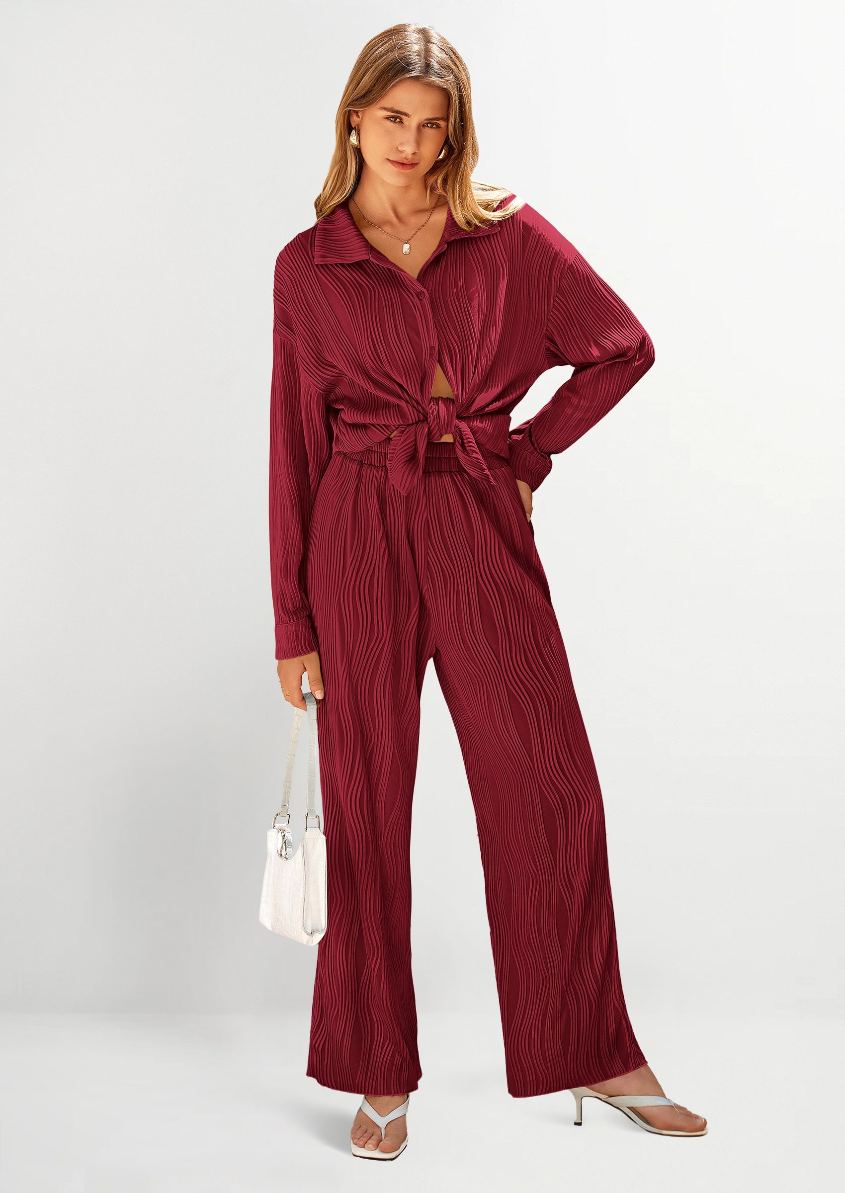 Chichi 2 Piece Textured Sets Casual Button Down Shirt Wide Leg Pants Outfit Loungewear Tracksuit