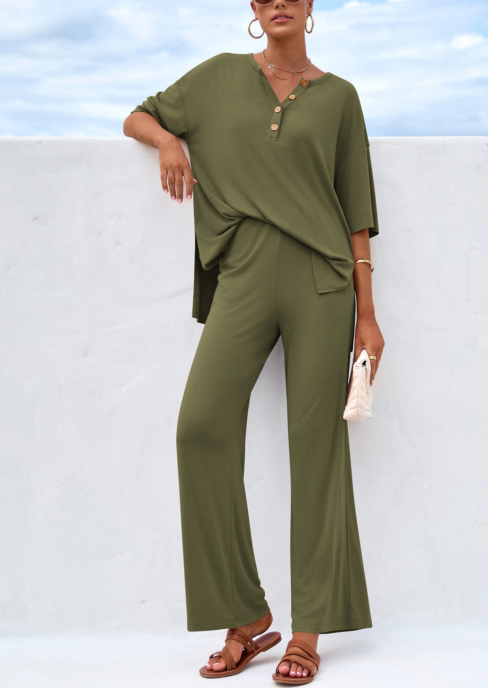 Chichi Women's 2 Piece Outfits Summer Casual V Neck Short Sleeve Tops Wide Leg Pants Matching Lounge Sets Navy