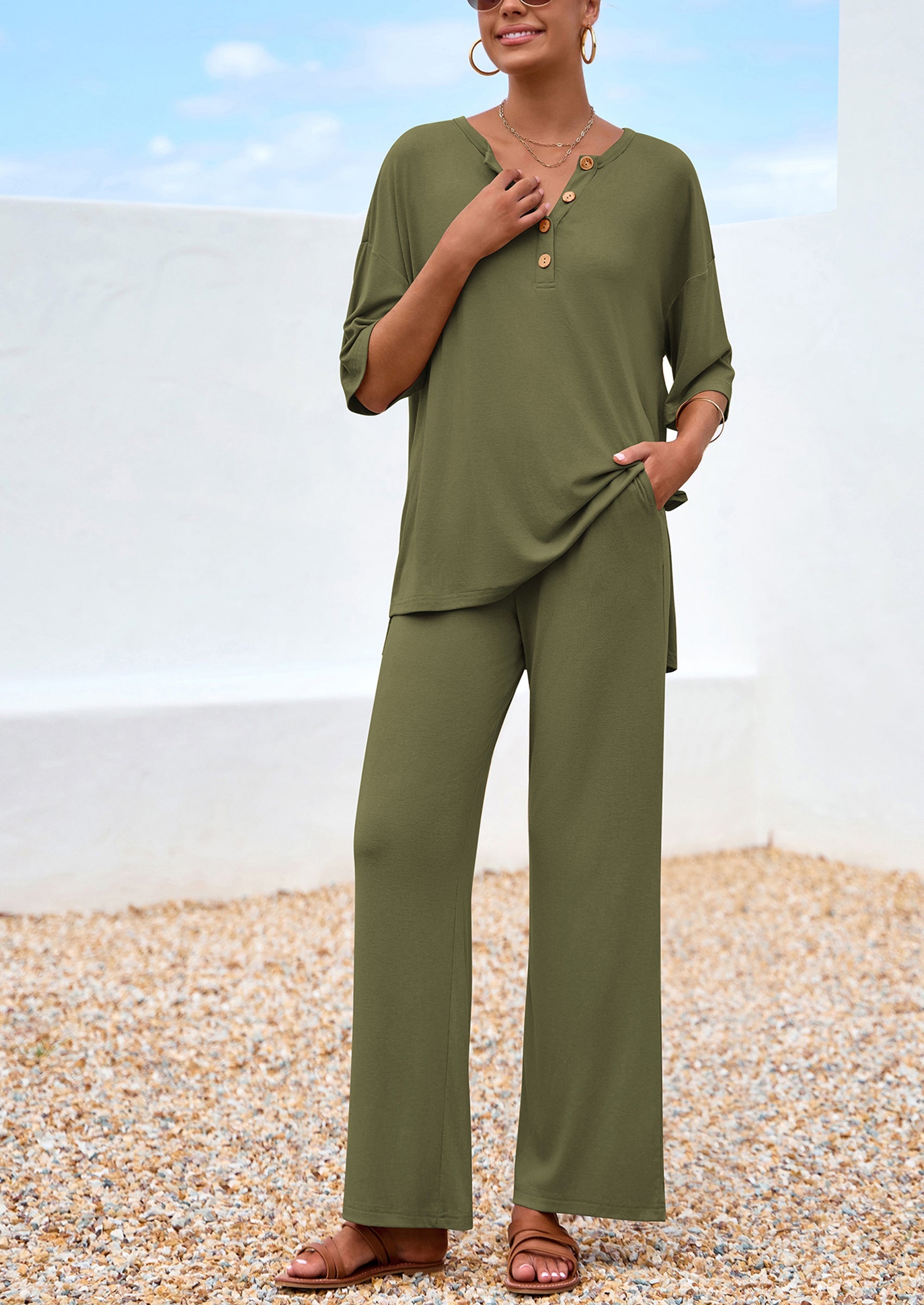 Chichi Women's 2 Piece Outfits Summer Casual V Neck Short Sleeve Tops Wide Leg Pants Matching Lounge Sets Navy