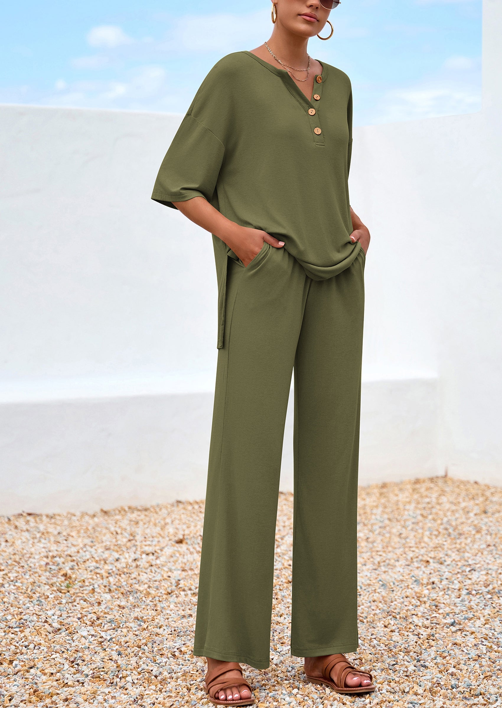 Chichi Women's 2 Piece Outfits Summer Casual V Neck Short Sleeve Tops Wide Leg Pants Matching Lounge Sets Navy