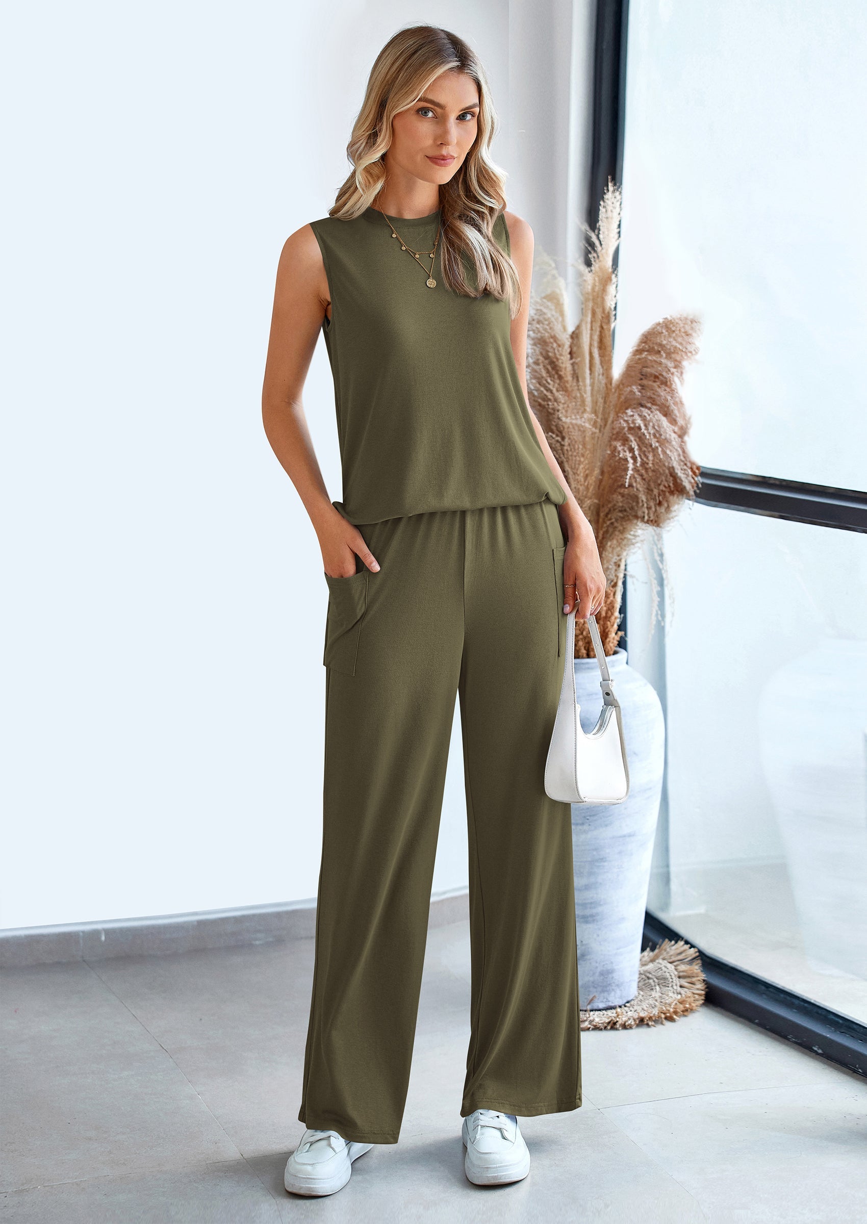 Chichi 2 Piece Set Loose Tank Top Wide Leg Pants Casual Matching Outfits Tracksuit Army Green