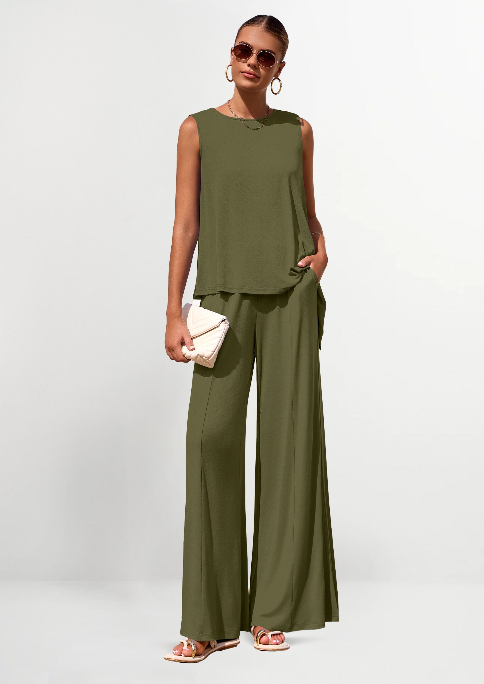 Chichi Women's Two Piece Matching Lounge Sets Asymmetrical Split Tank Tops Wide Leg Pants Summer Outfits Tracksuit Army Green