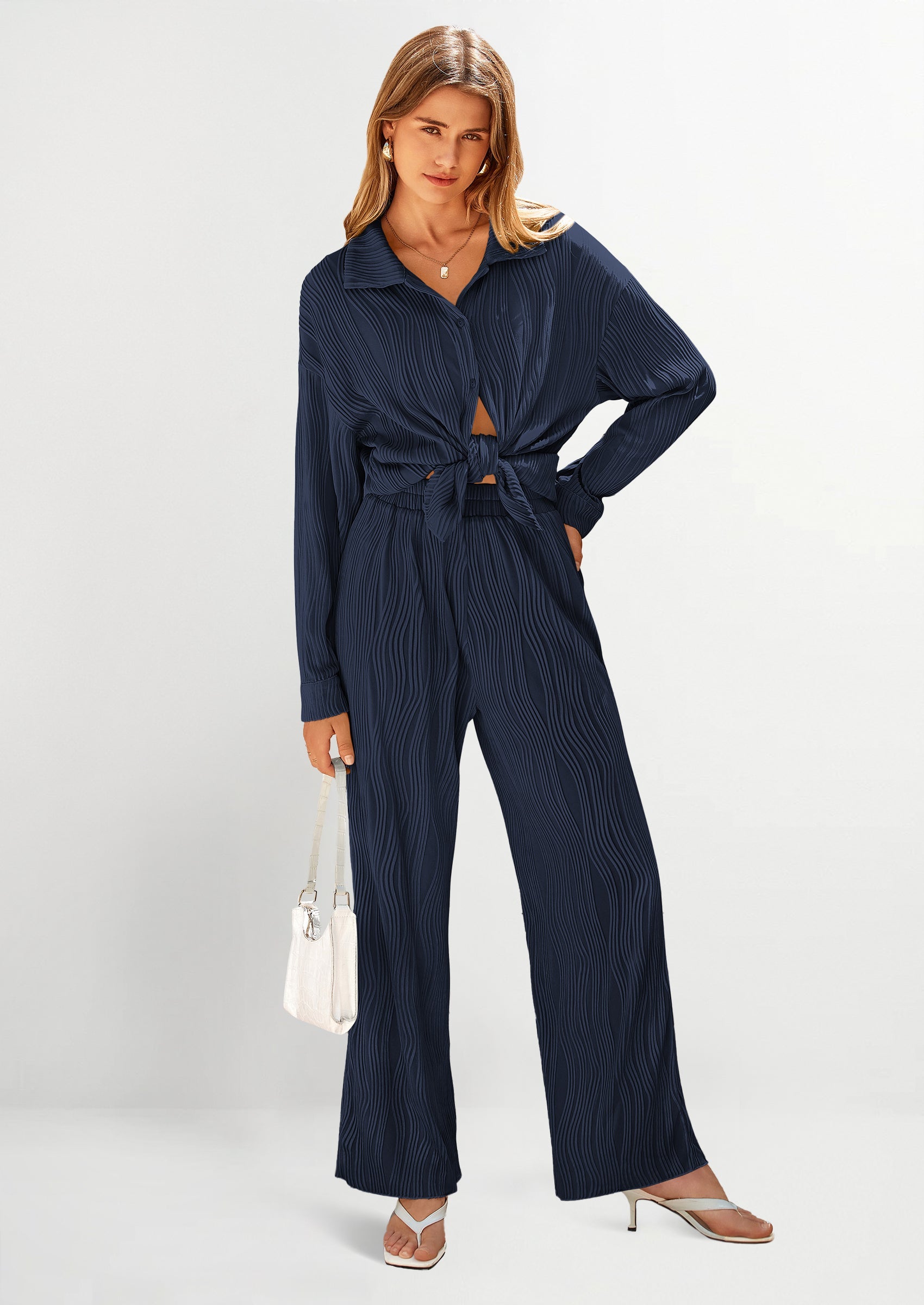 Chichi 2 Piece Textured Sets Casual Button Down Shirt Wide Leg Pants Outfit Loungewear Tracksuit Dark Blue