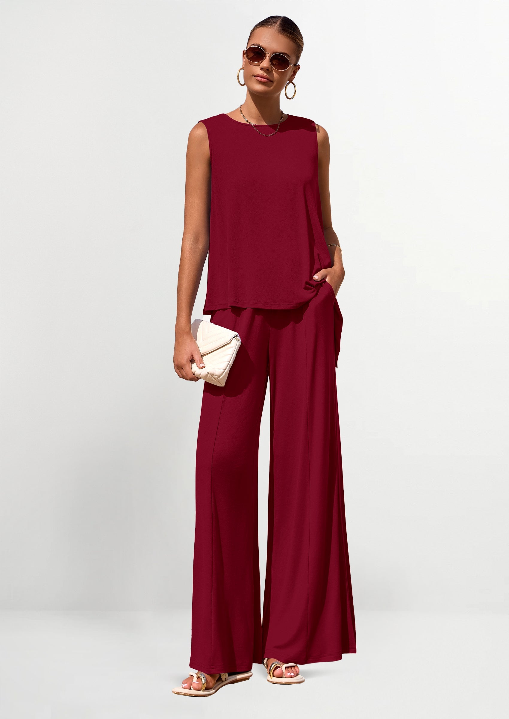 Chichi Women's Two Piece Matching Lounge Sets Asymmetrical Split Tank Tops Wide Leg Pants Summer Outfits Tracksuit Wine Red