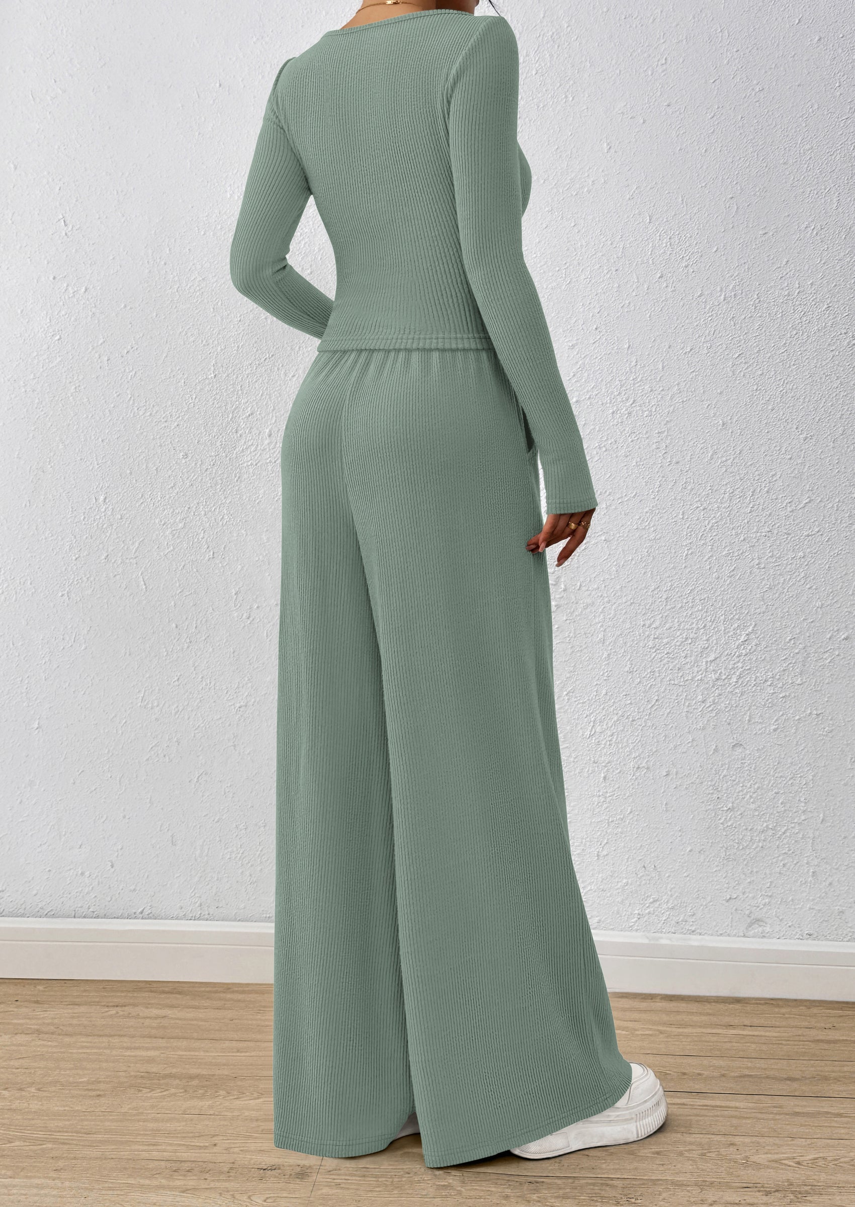 Chichi Women's 2 Piece Lounge Sets Fall Fashion Long Sleeve Crop Top Wide Leg Pants Matching Sets Clothing Green