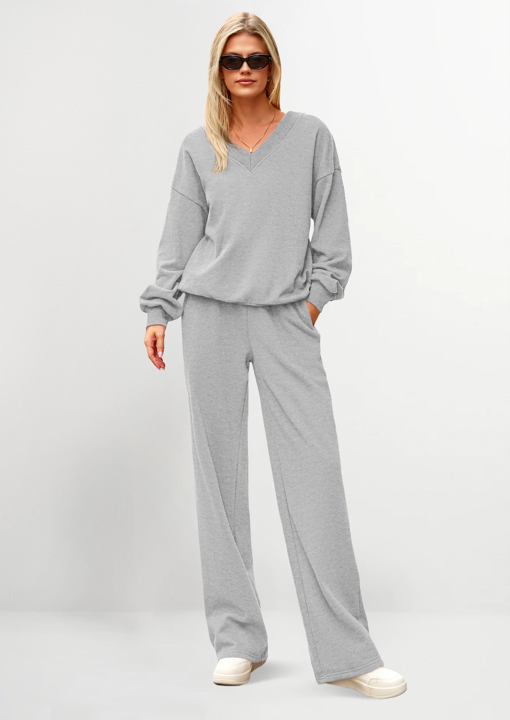 Chichi Casual Winter Two Piece Sets for Women V Neck Sweatshirt Loose Wide Leg Pants Tracksuit Knit Fall Outfits Grey