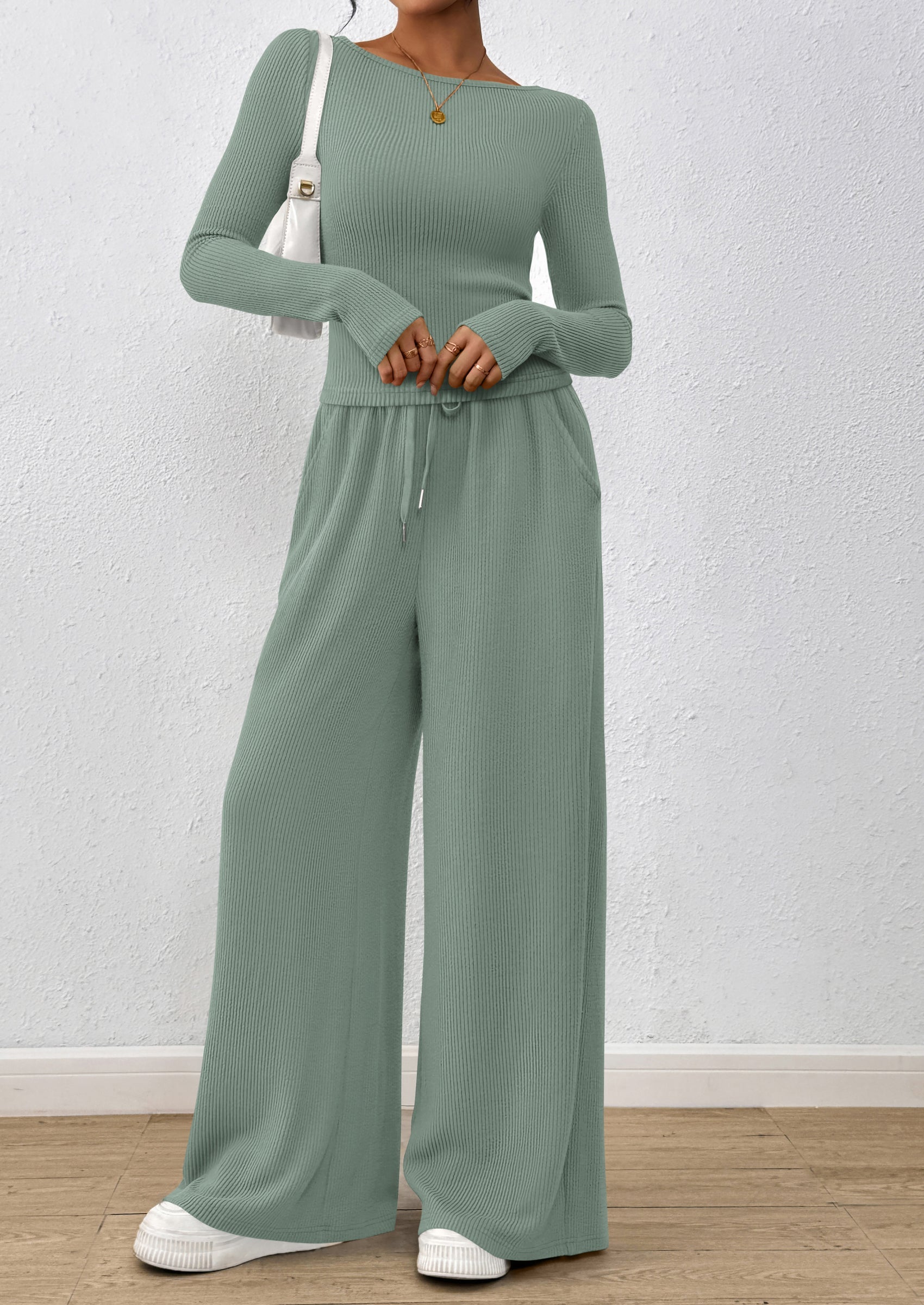 Chichi Women's 2 Piece Lounge Sets Fall Fashion Long Sleeve Crop Top Wide Leg Pants Matching Sets Clothing Green