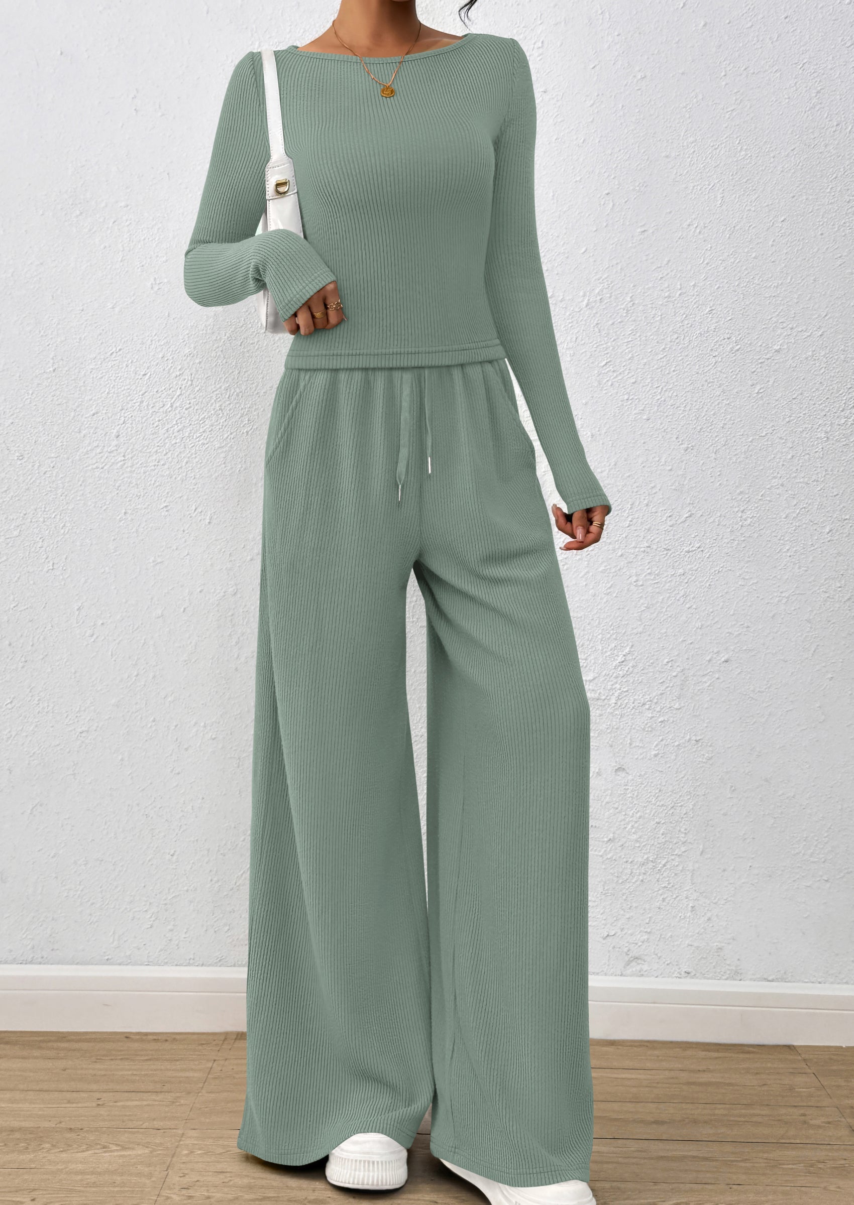 Chichi Women's 2 Piece Lounge Sets Fall Fashion Long Sleeve Crop Top Wide Leg Pants Matching Sets Clothing Green