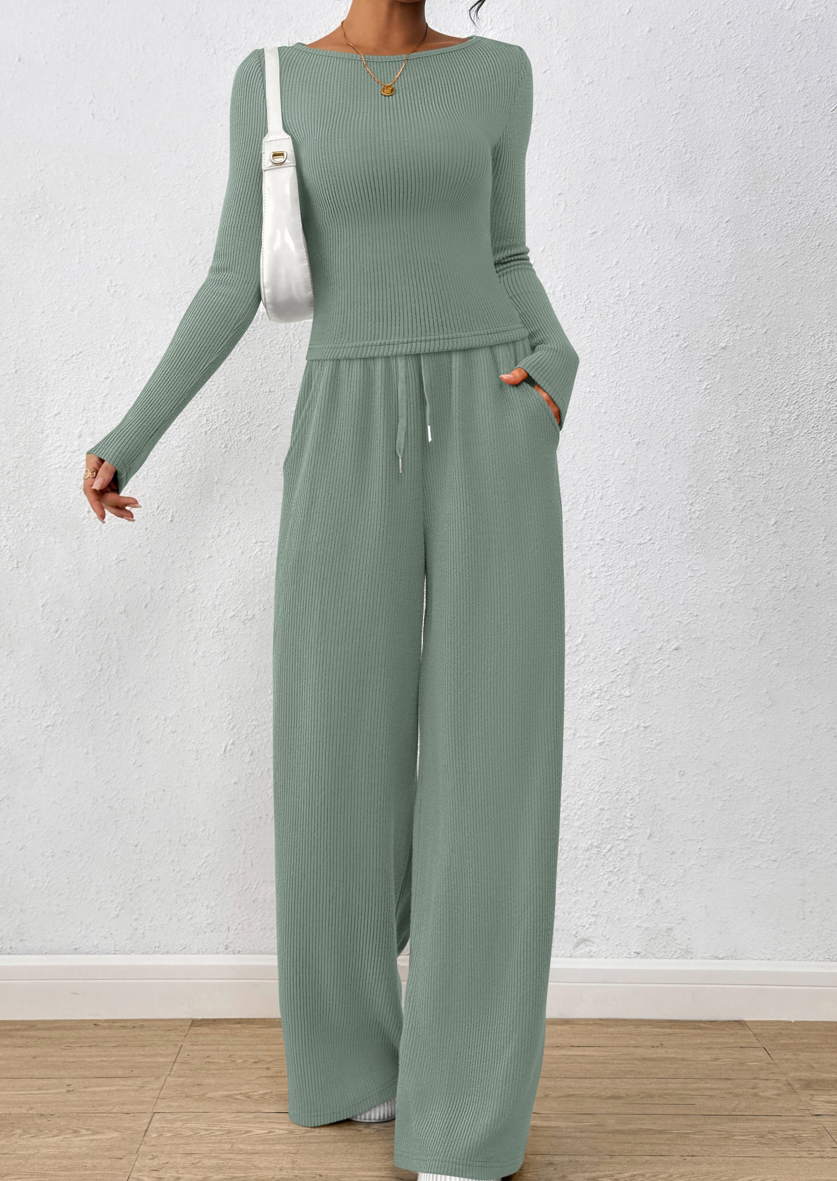 Chichi Women's 2 Piece Lounge Sets Fall Fashion Long Sleeve Crop Top Wide Leg Pants Matching Sets Clothing Green