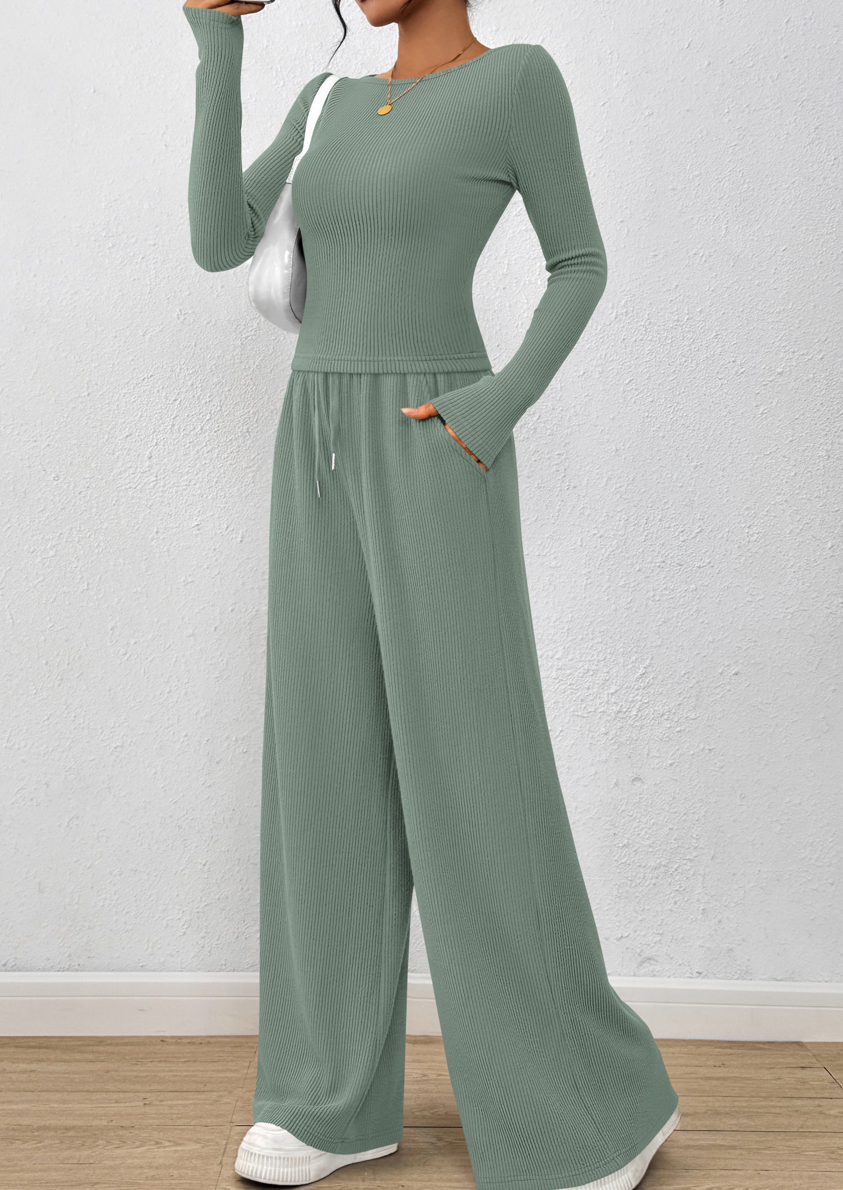 Chichi Women's 2 Piece Lounge Sets Fall Fashion Long Sleeve Crop Top Wide Leg Pants Matching Sets Clothing Green