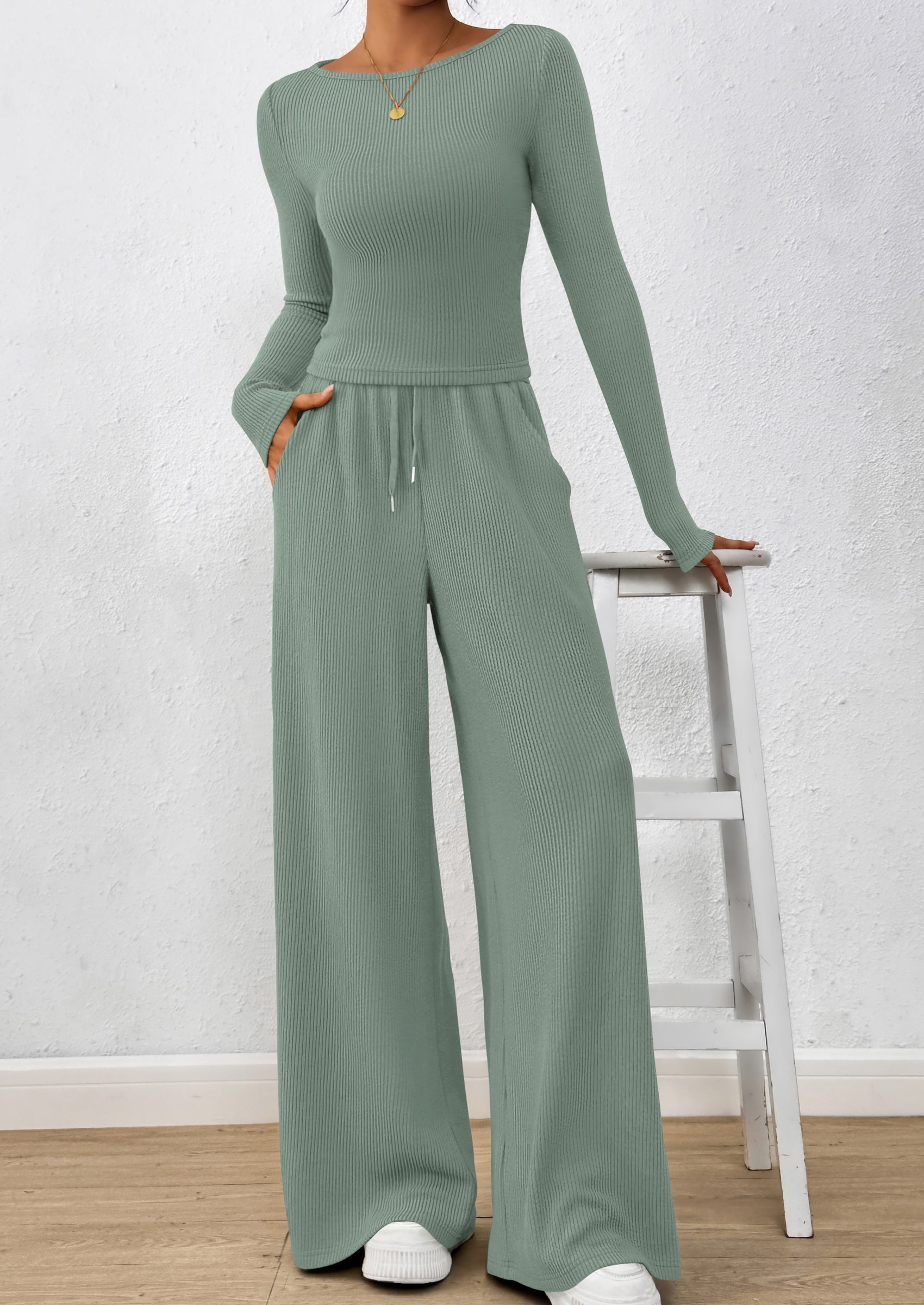 Chichi Women's 2 Piece Lounge Sets Fall Fashion Long Sleeve Crop Top Wide Leg Pants Matching Sets Clothing Green