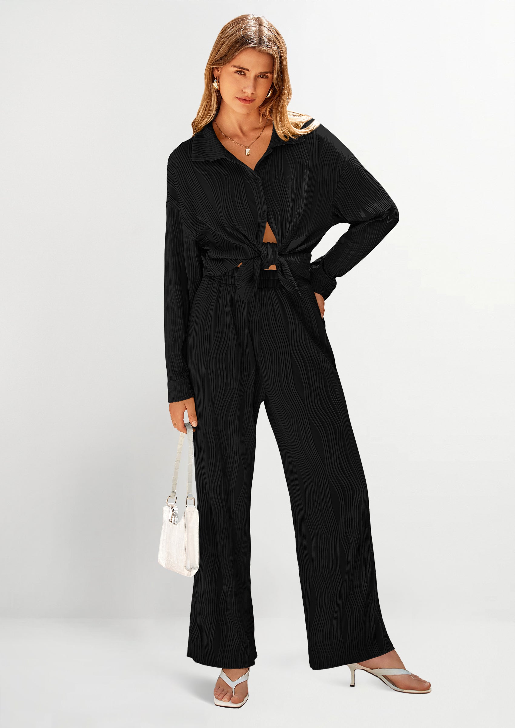 Chichi 2 Piece Textured Sets Casual Button Down Shirt Wide Leg Pants Outfit Loungewear Tracksuit Black