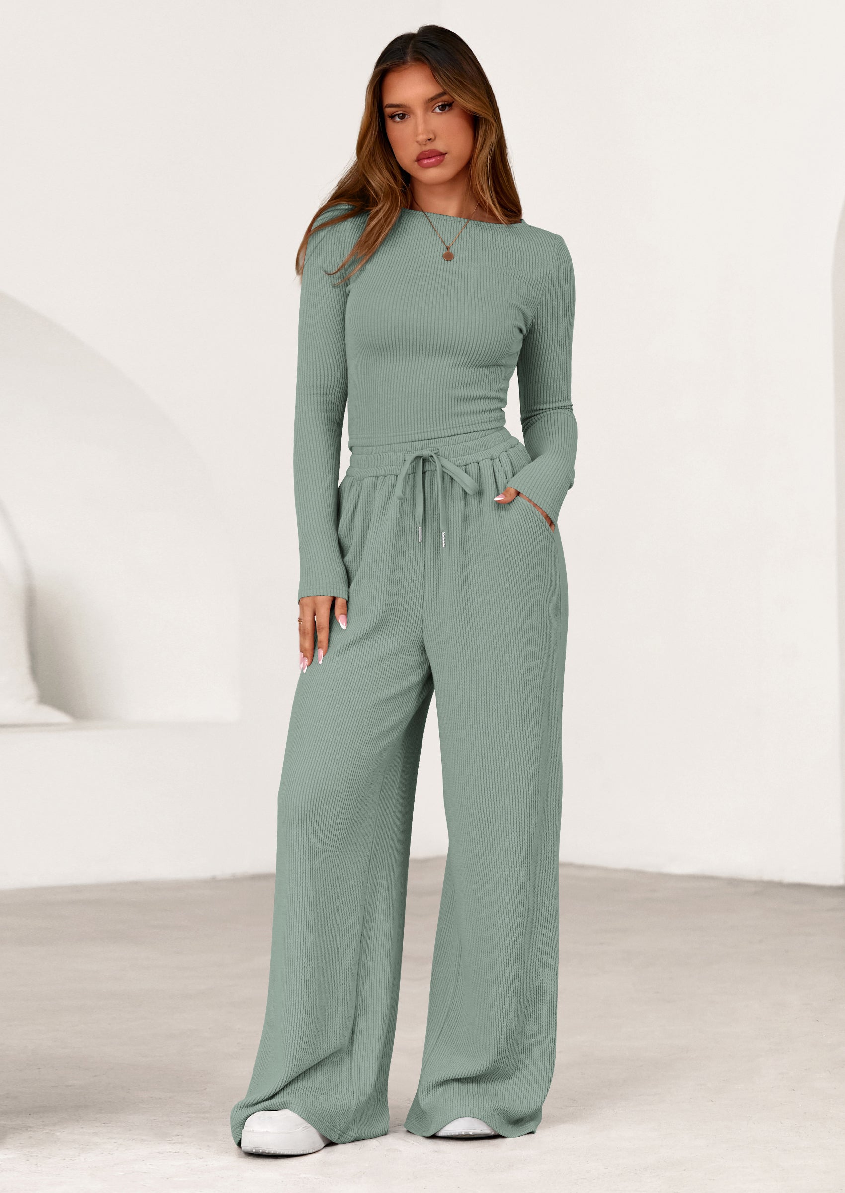 Chichi Women's 2 Piece Lounge Sets Fall Fashion Long Sleeve Crop Top Wide Leg Pants Matching Sets Clothing Green