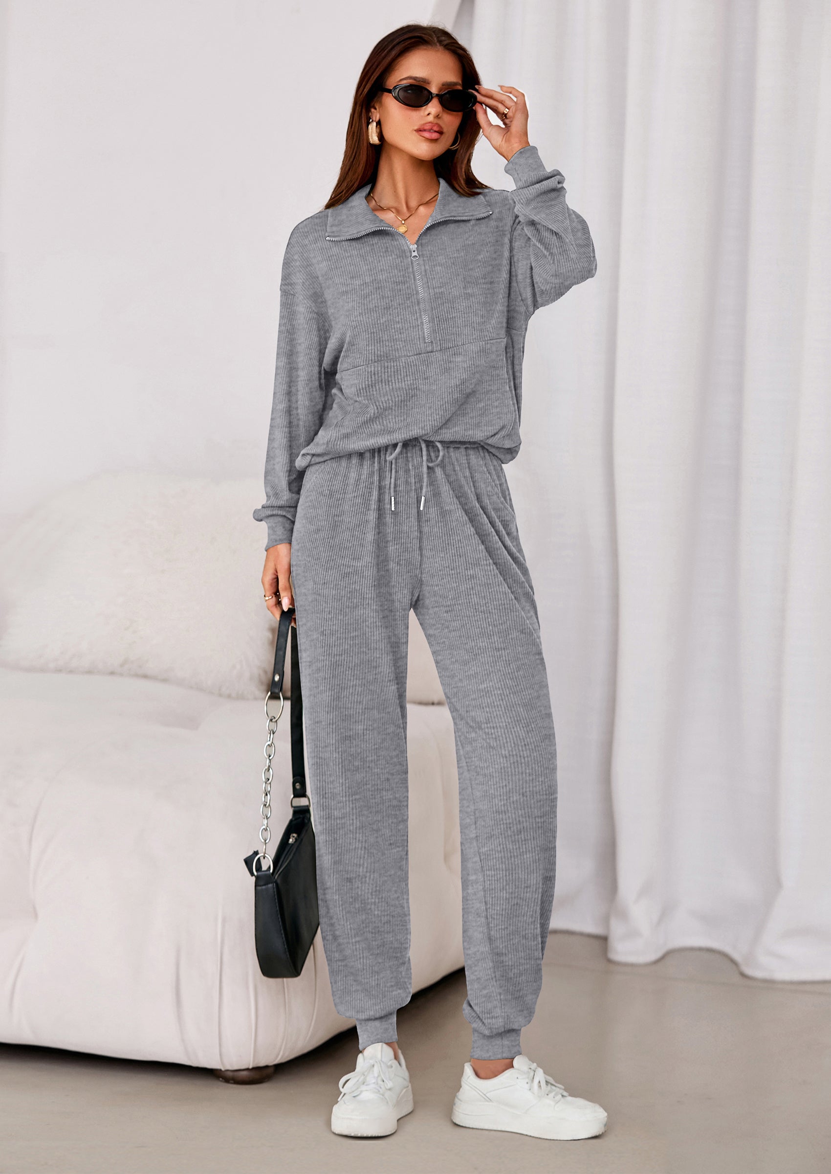 Chichi Women's Fall 2 Piece Lounge Sets Zip Up Sweatshirt Jogger Pants Sweat Track Suits Travel Outfit Winter Clothing Grey