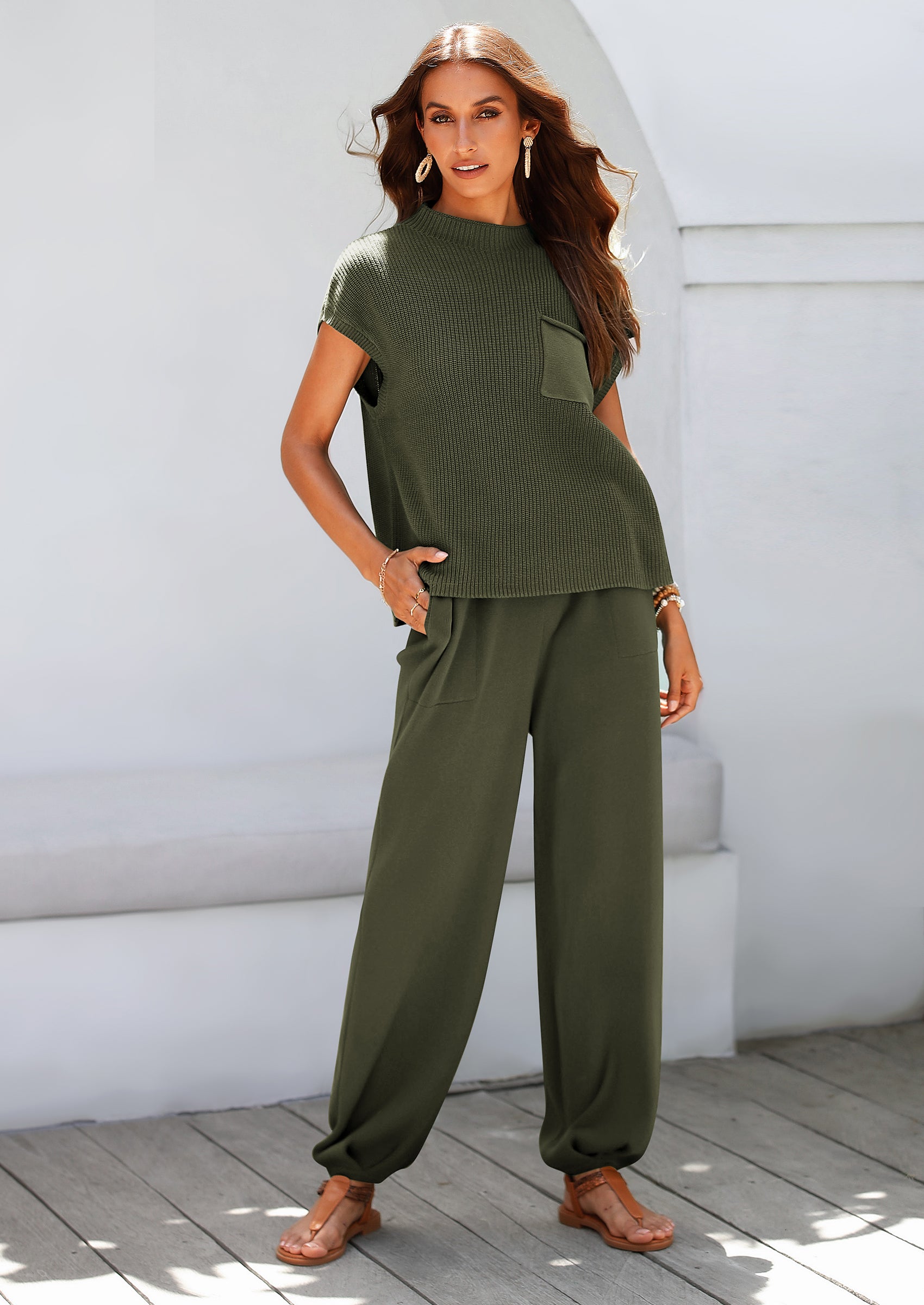 Chichi Womens Two Piece Outfits Sweater Sets Knit Pullover Tops And High Waisted Pants Matching Tracksuit Sweatsuit Set Army Green