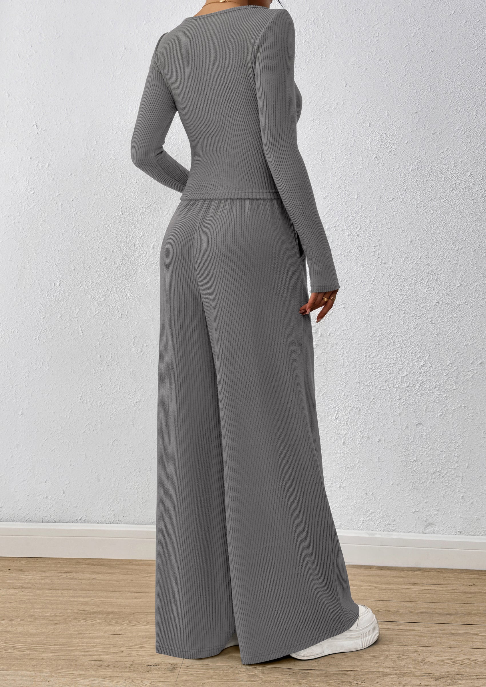 Chichi Women's 2 Piece Lounge Sets Fall Fashion Long Sleeve Crop Top Wide Leg Pants Matching Sets Clothing Grey