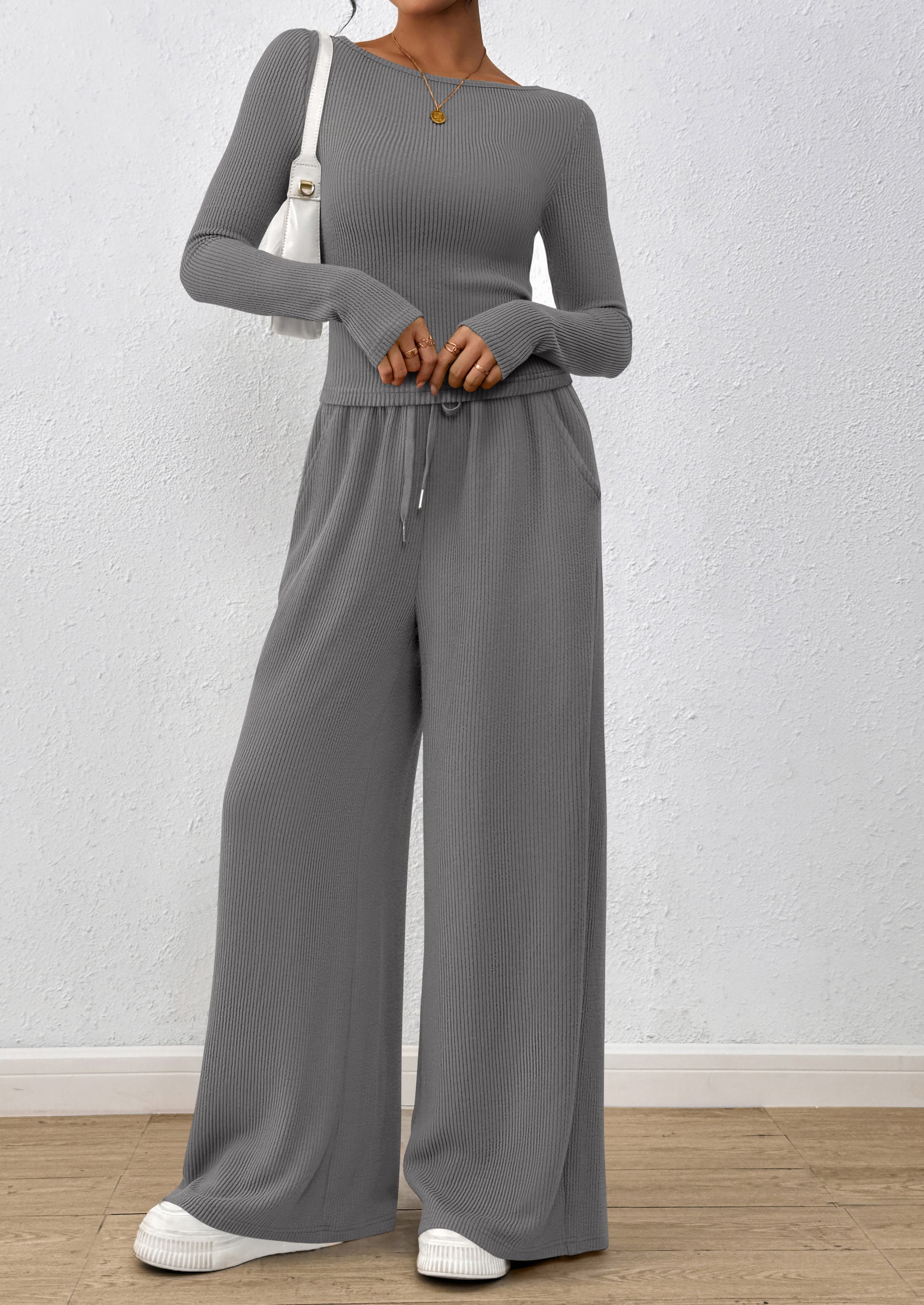 Chichi Women's 2 Piece Lounge Sets Fall Fashion Long Sleeve Crop Top Wide Leg Pants Matching Sets Clothing Grey