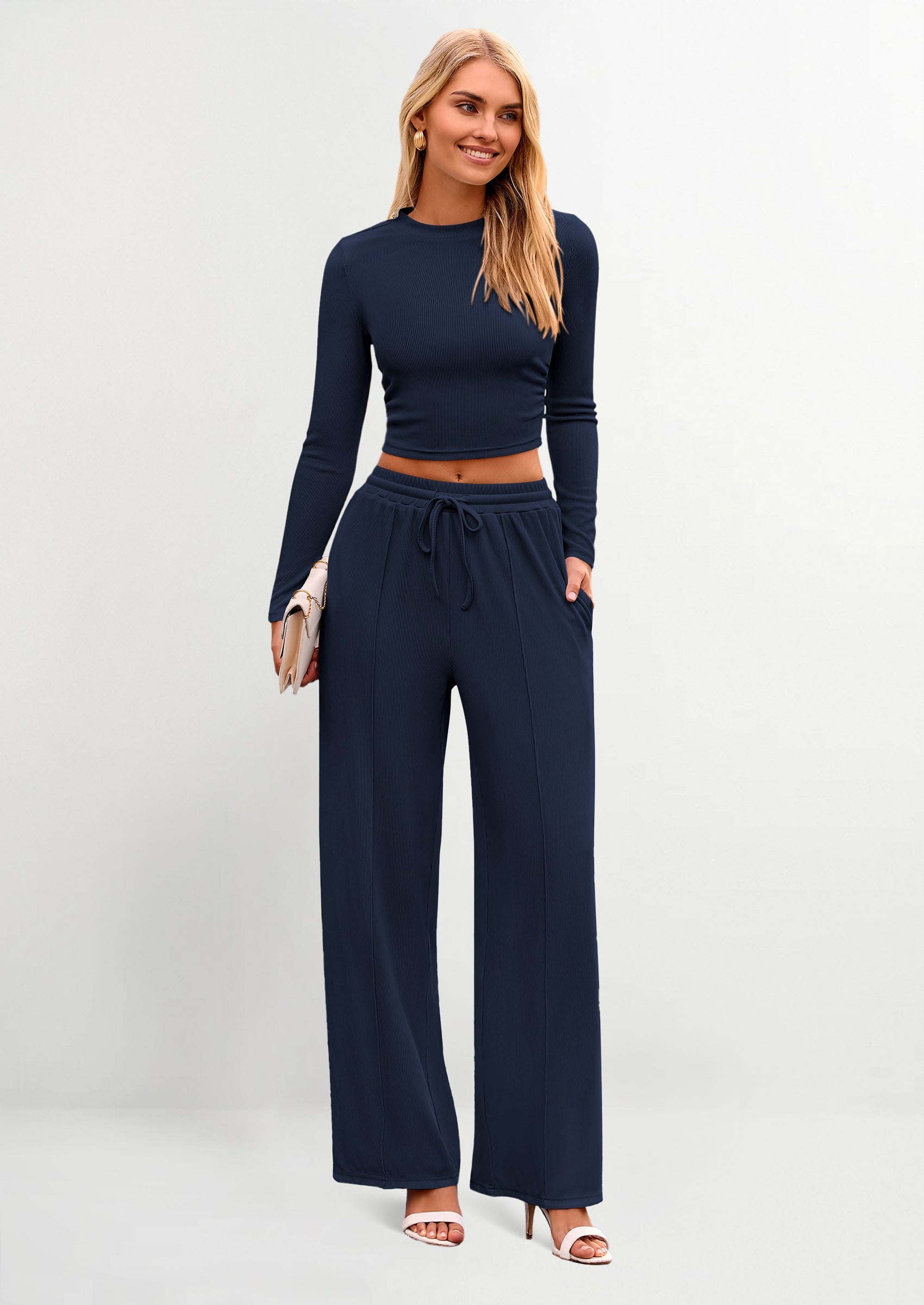 Chichi Women's 2 Piece Loungewear Long Sleeve Crop Top Wide Leg Palazzo Pants Set Tracksuits Casual Outfit Navy