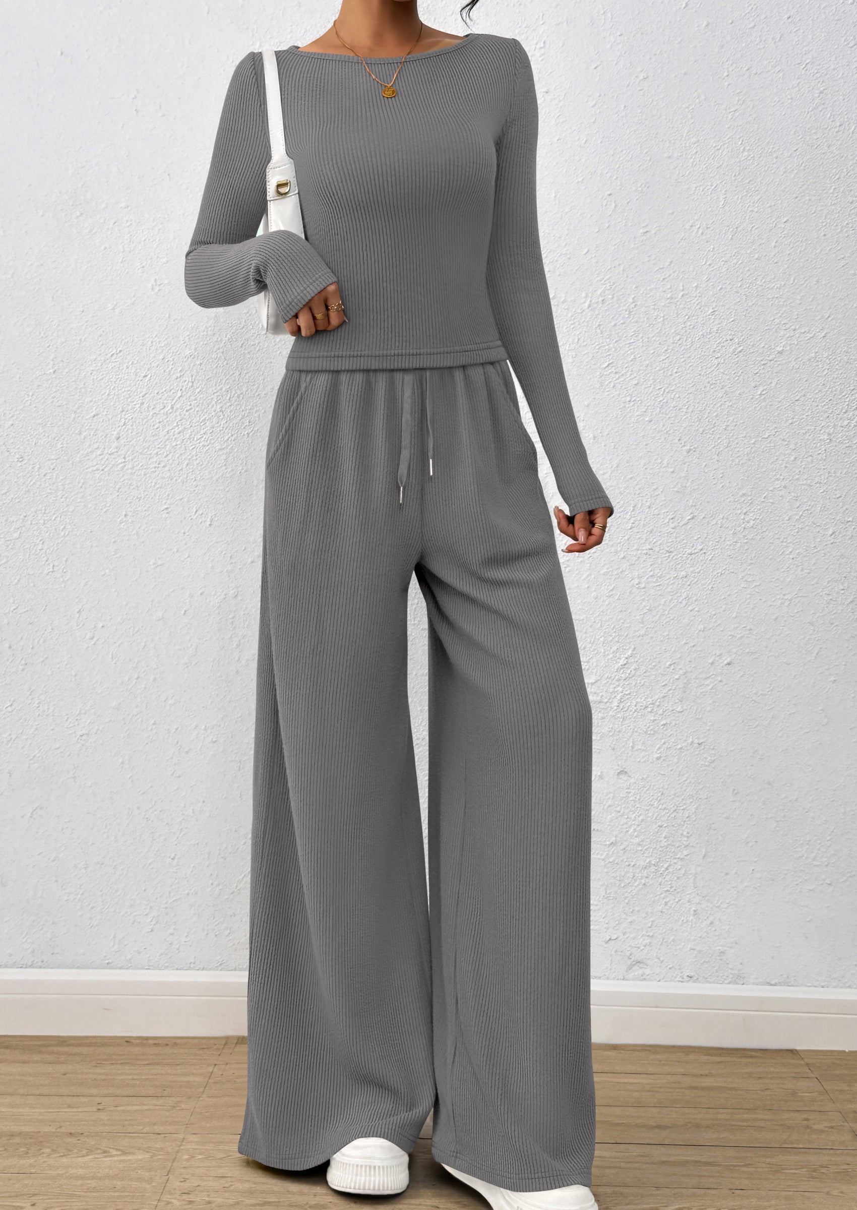 Chichi Women's 2 Piece Lounge Sets Fall Fashion Long Sleeve Crop Top Wide Leg Pants Matching Sets Clothing Grey