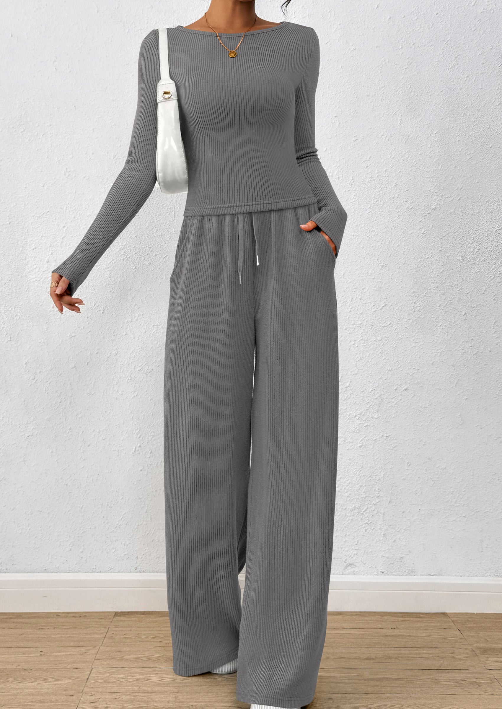 Chichi Women's 2 Piece Lounge Sets Fall Fashion Long Sleeve Crop Top Wide Leg Pants Matching Sets Clothing Grey