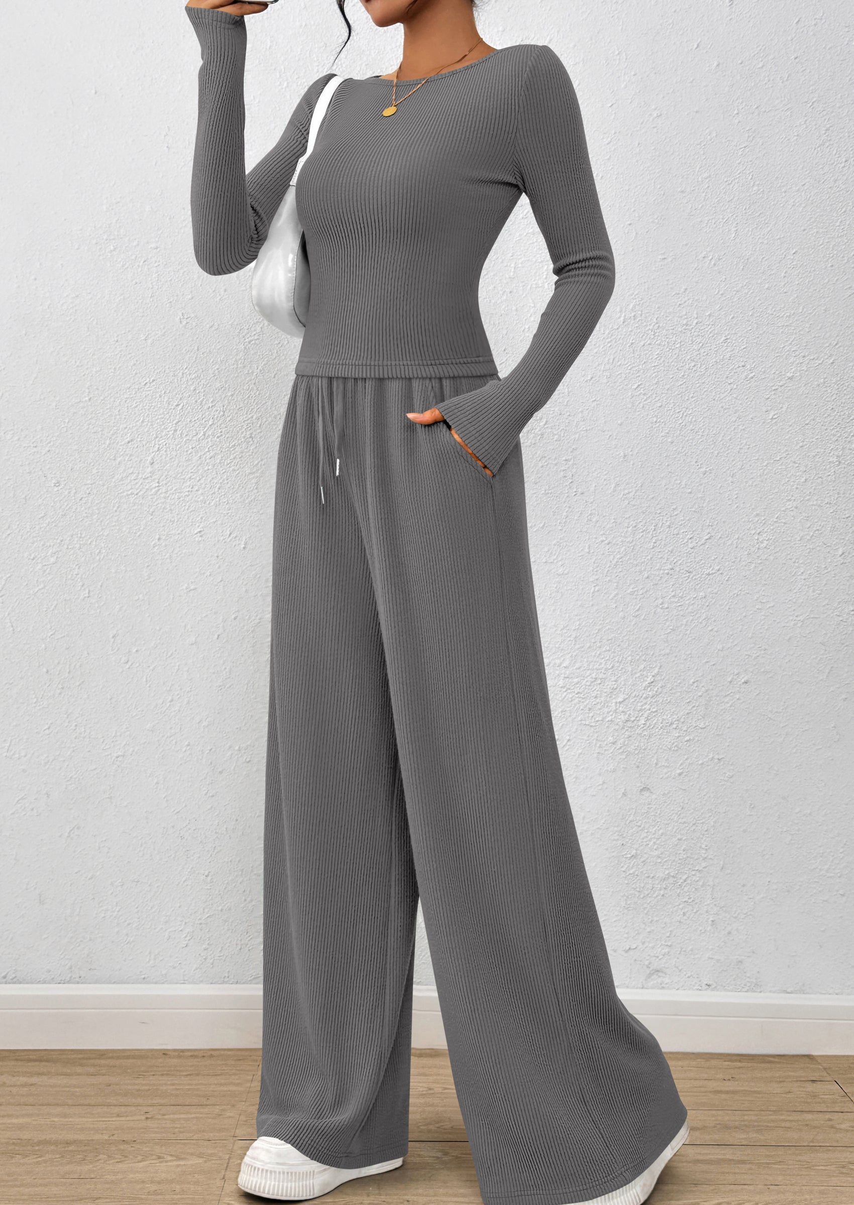 Chichi Women's 2 Piece Lounge Sets Fall Fashion Long Sleeve Crop Top Wide Leg Pants Matching Sets Clothing Grey