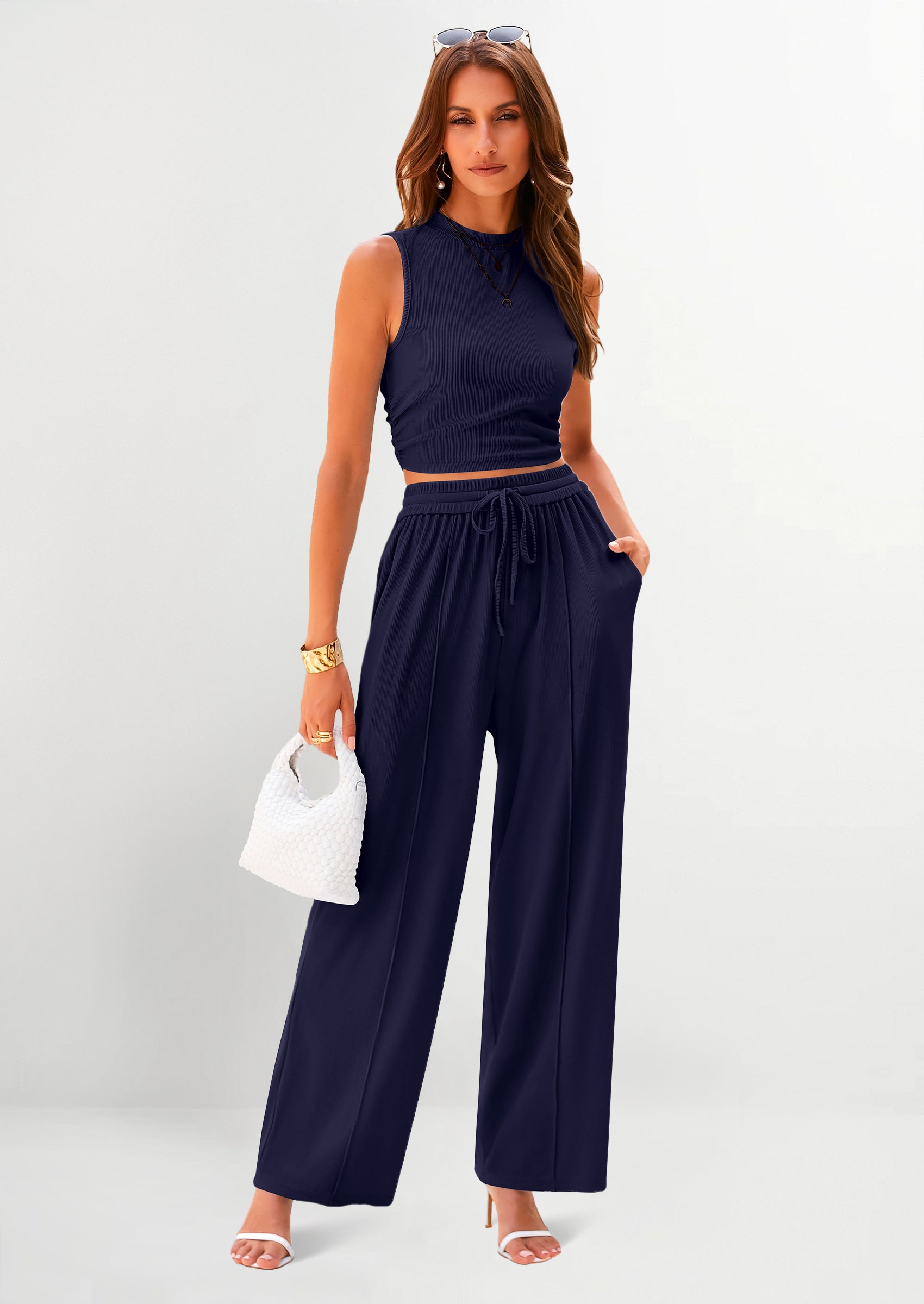 Chichi 2 Piece Sets Sleeveless Tank Ribbed Travel Vacation Lounge Wear Outfits Navy