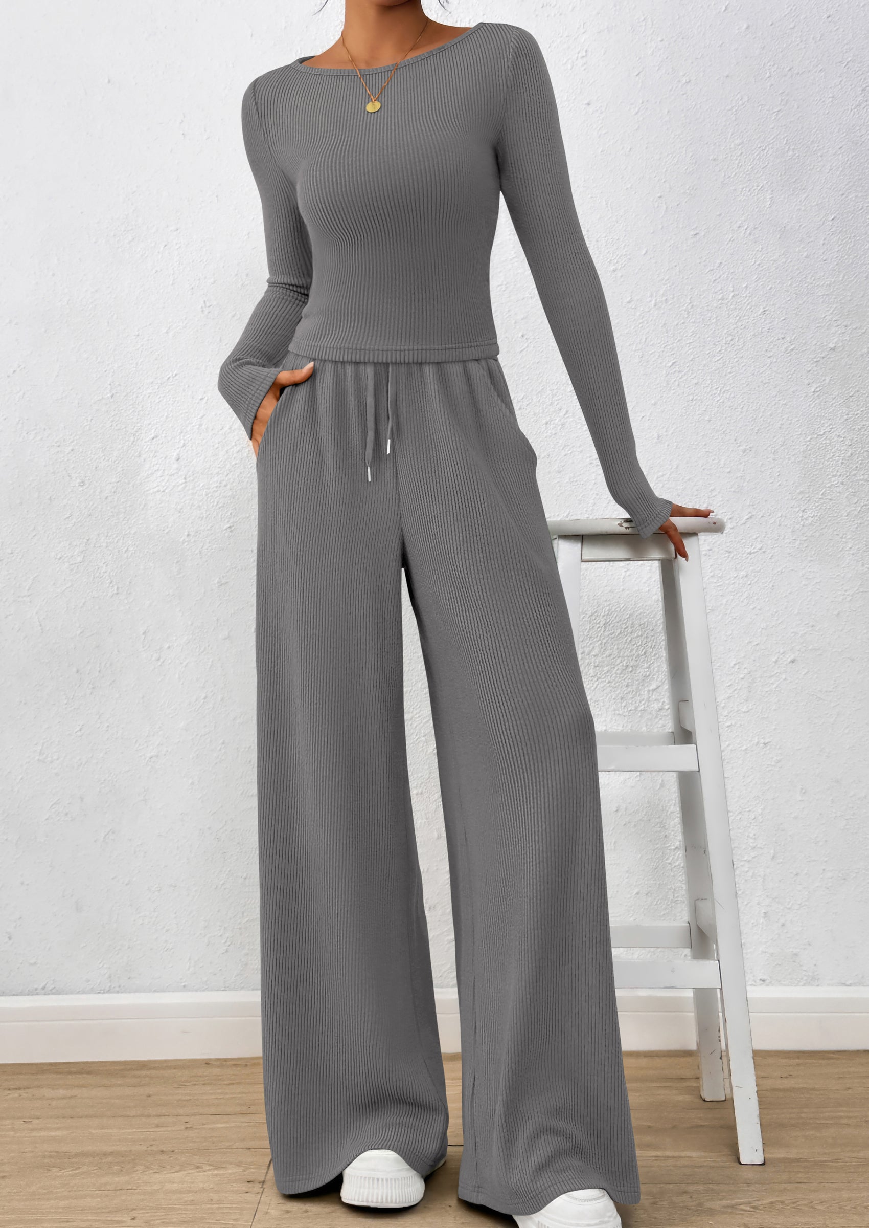 Chichi Women's 2 Piece Lounge Sets Fall Fashion Long Sleeve Crop Top Wide Leg Pants Matching Sets Clothing Grey